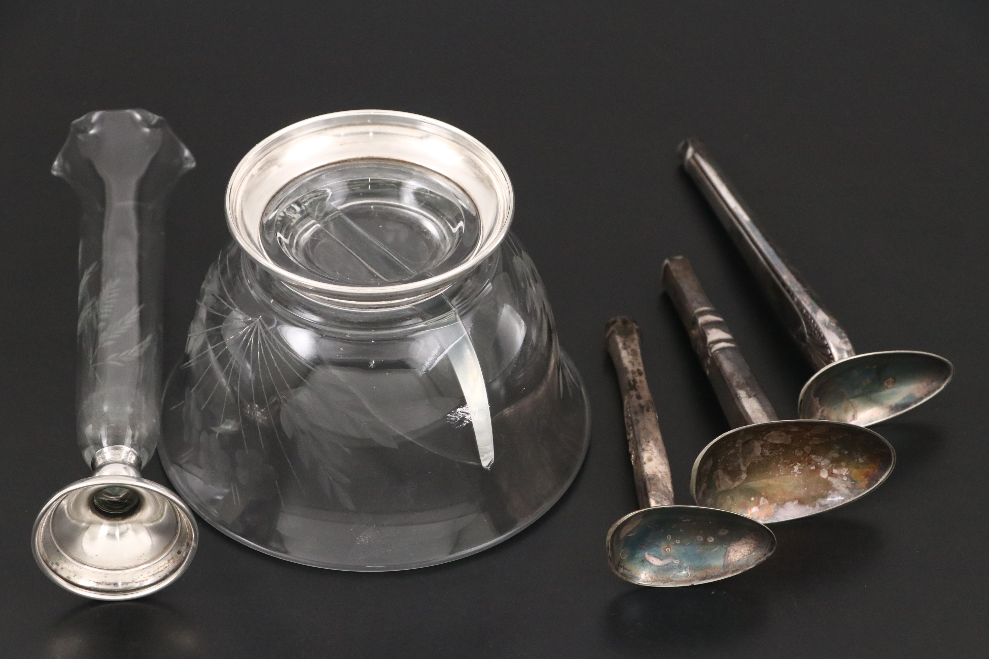 Whiting Cobalt Glass Sterling Salt Cellar with Vase and Other Table Accessories