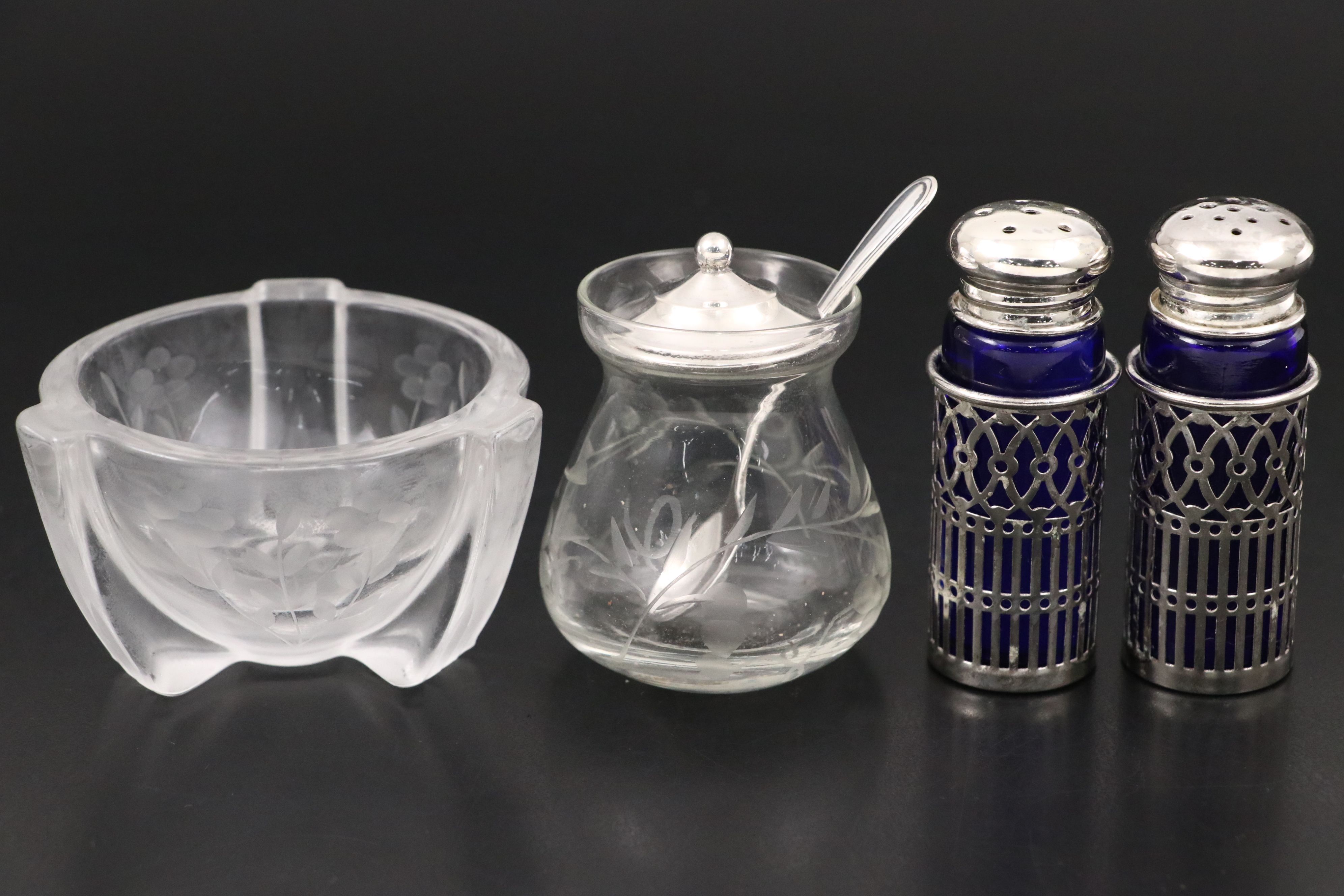 Whiting Cobalt Glass Sterling Salt Cellar with Vase and Other Table Accessories