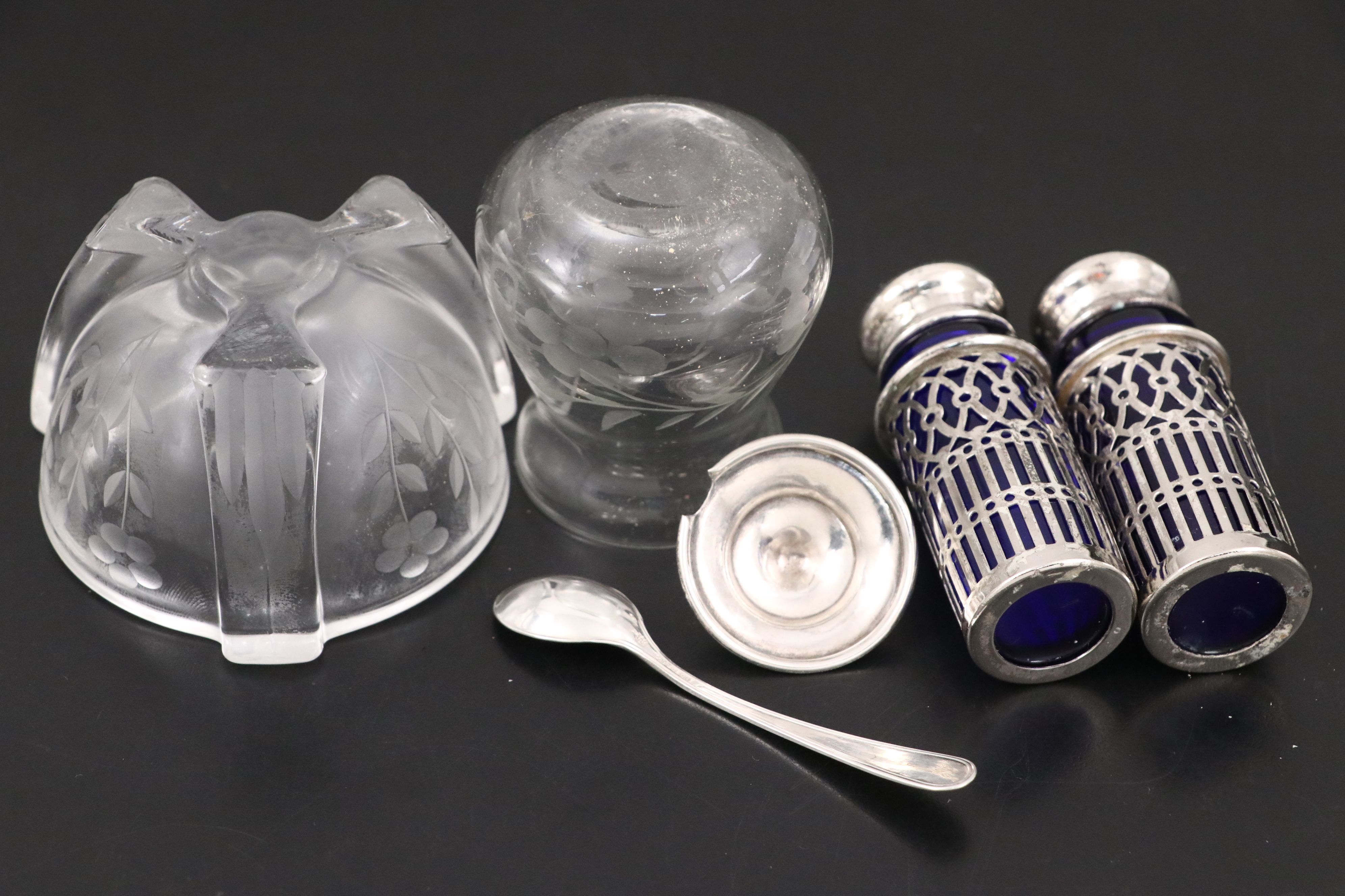 Whiting Cobalt Glass Sterling Salt Cellar with Vase and Other Table Accessories