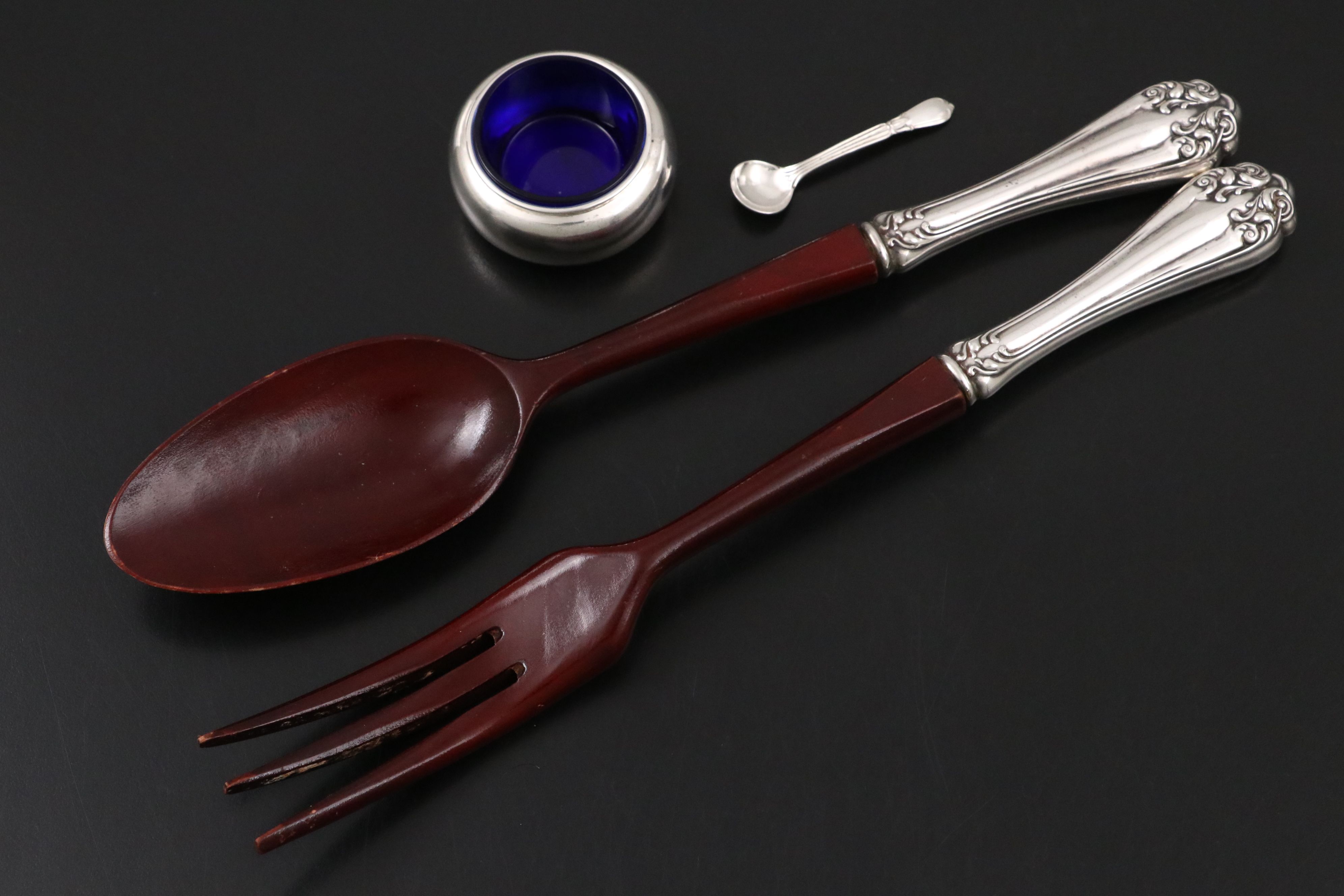 Whiting Cobalt Glass Sterling Salt Cellar with Vase and Other Table Accessories