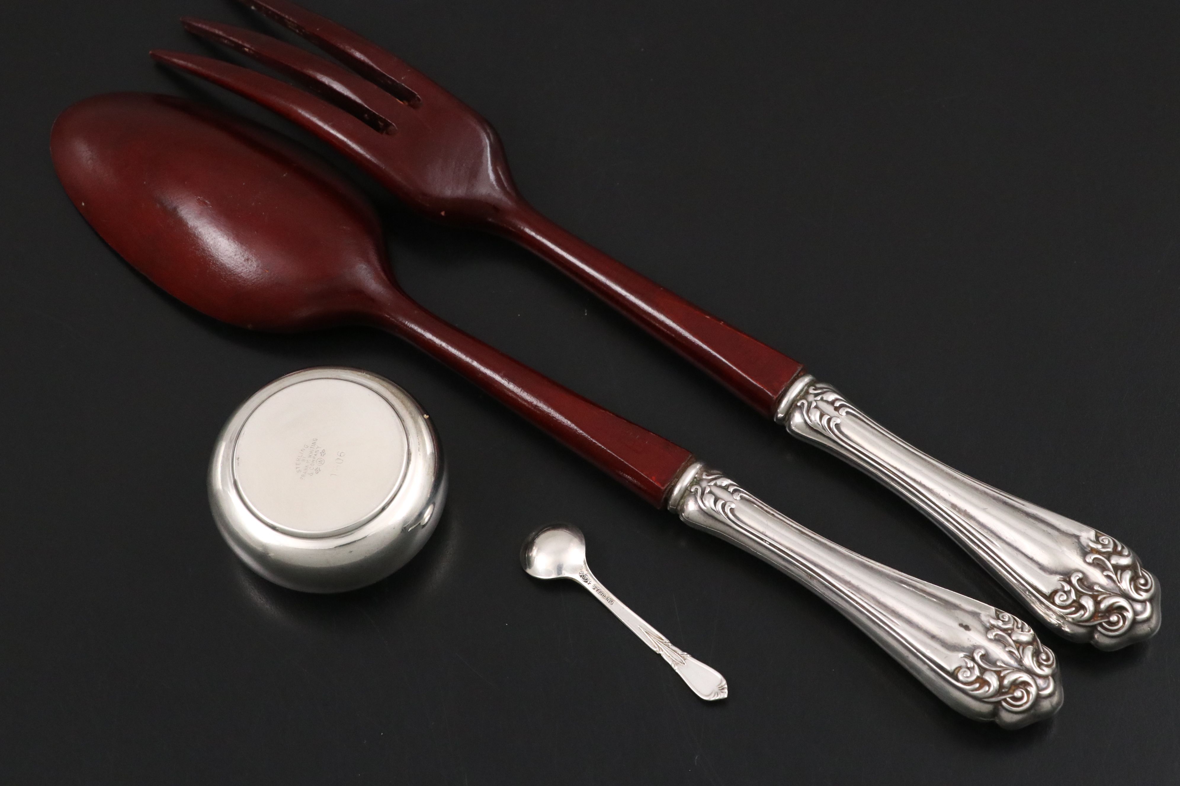 Whiting Cobalt Glass Sterling Salt Cellar with Vase and Other Table Accessories