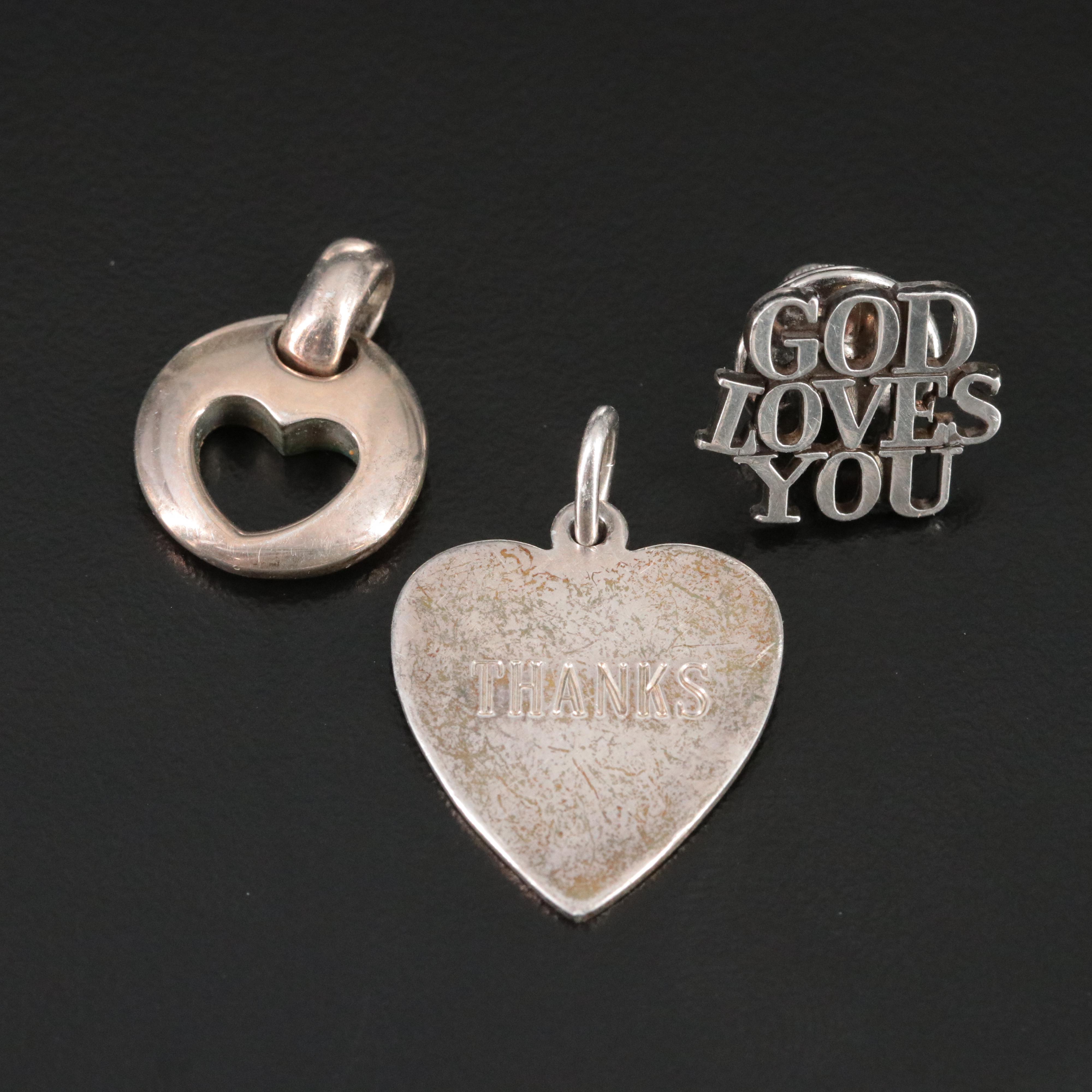 Tiffany & Co. Sterling Heart Pendants and God Loves You Pin