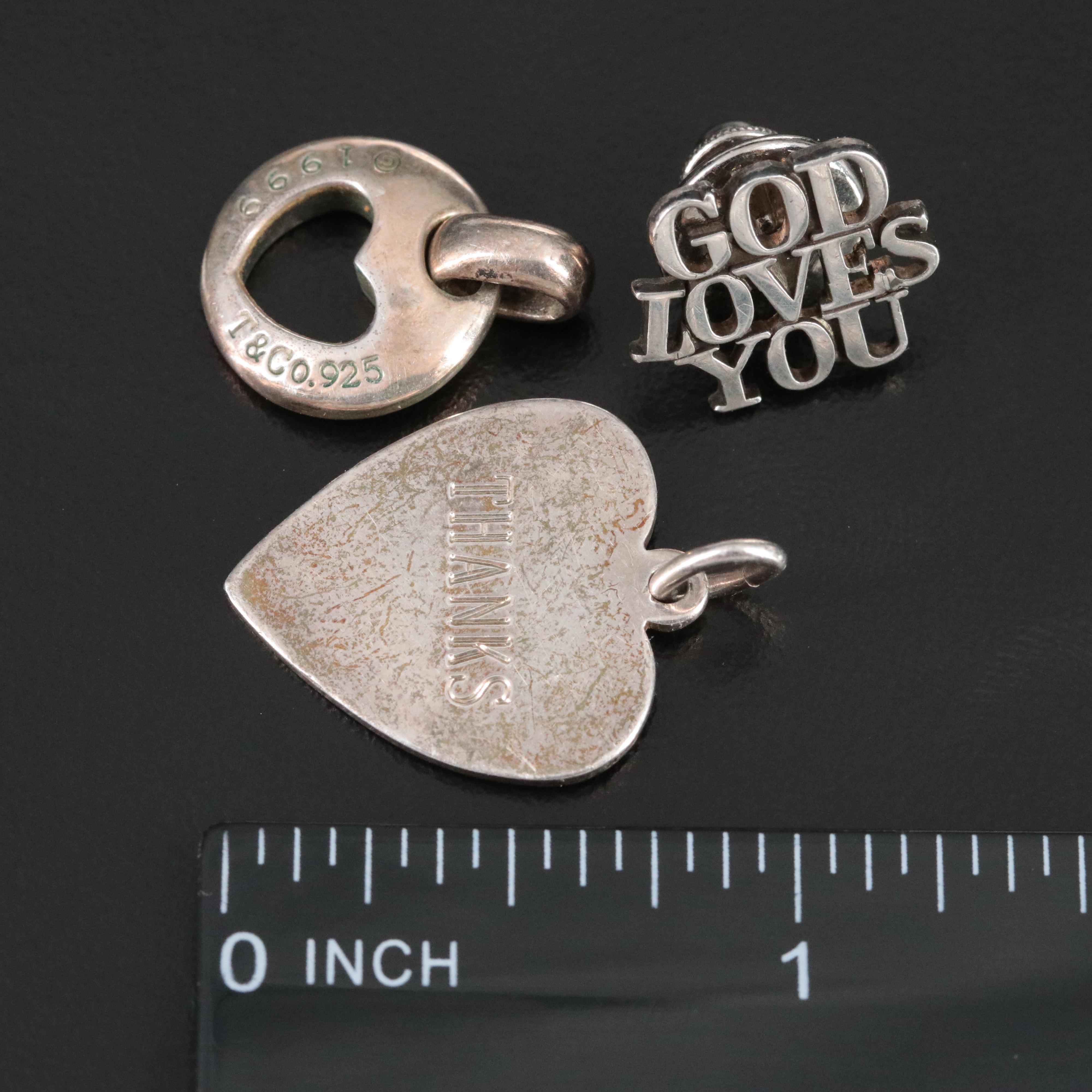 Tiffany & Co. Sterling Heart Pendants and God Loves You Pin