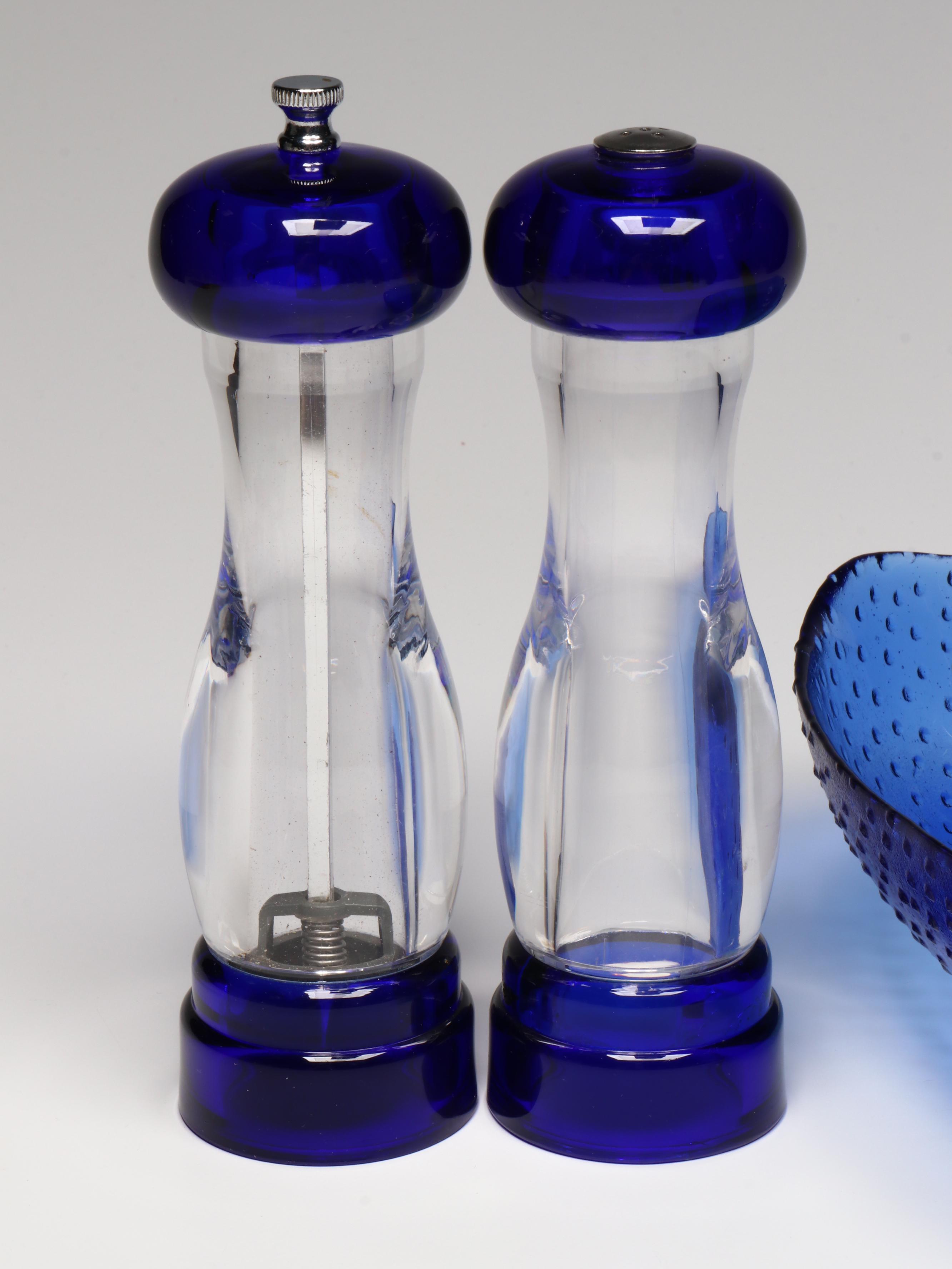 Hazel Atlas Cobalt Blue Glass Shakers with Glass Strawberry Bowl and More