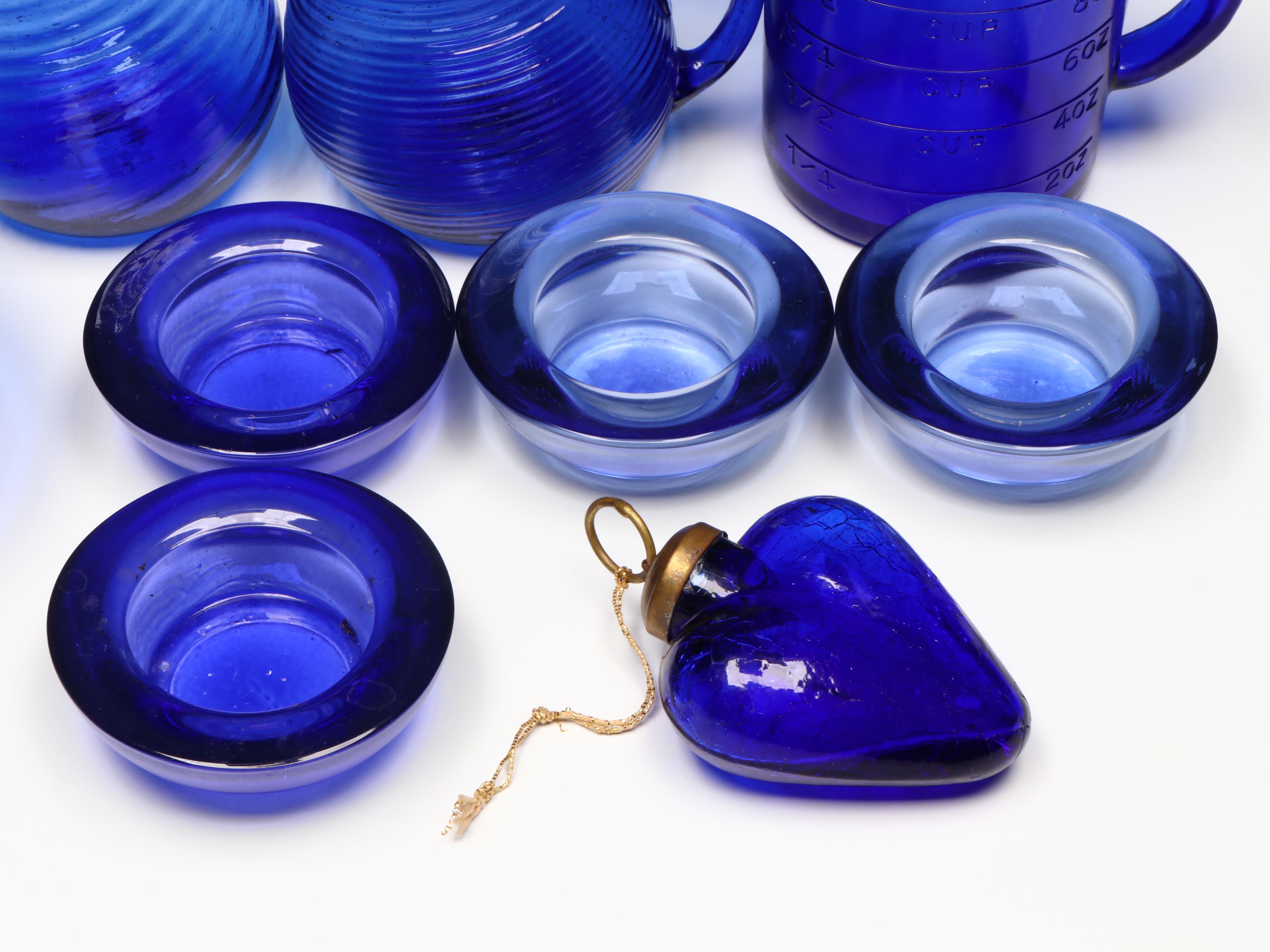 Hazel Atlas Cobalt Blue Glass Shakers with Glass Strawberry Bowl and More