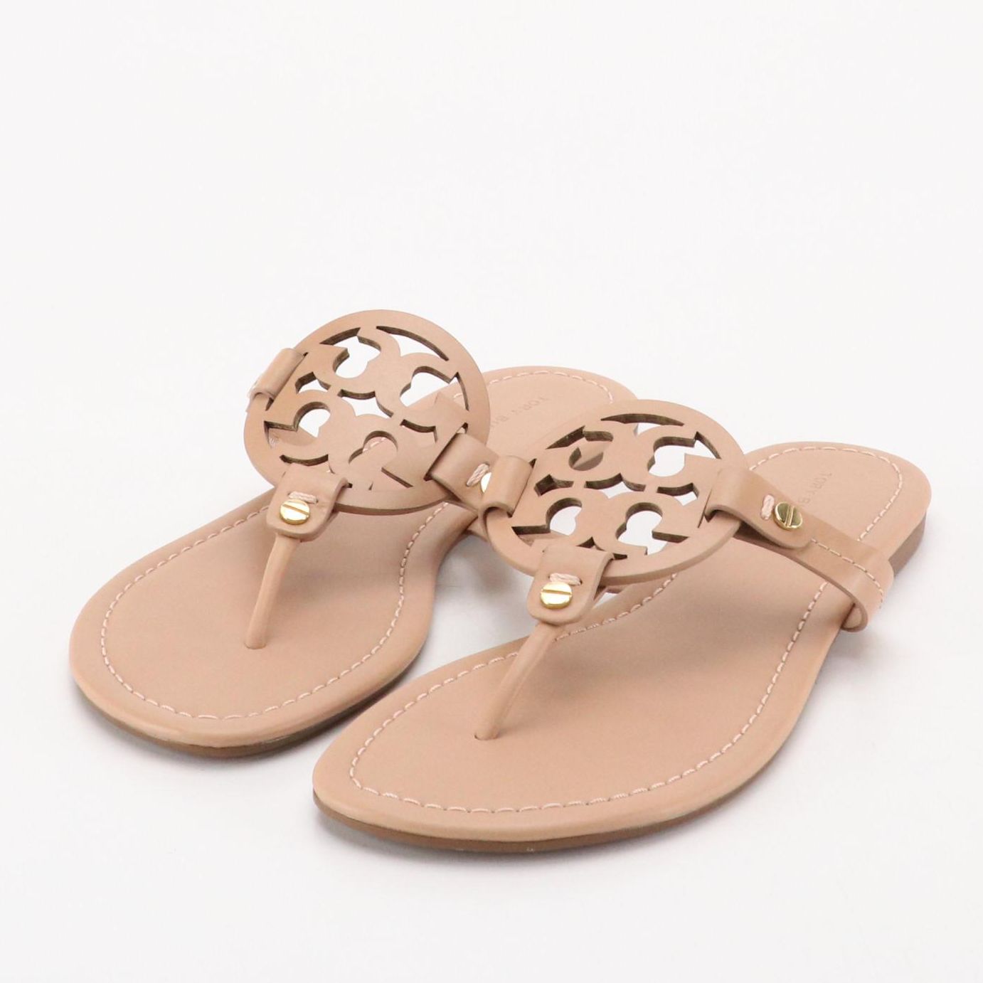Tory Burch "Miller" Logo Sandals in Nude Beige Leather