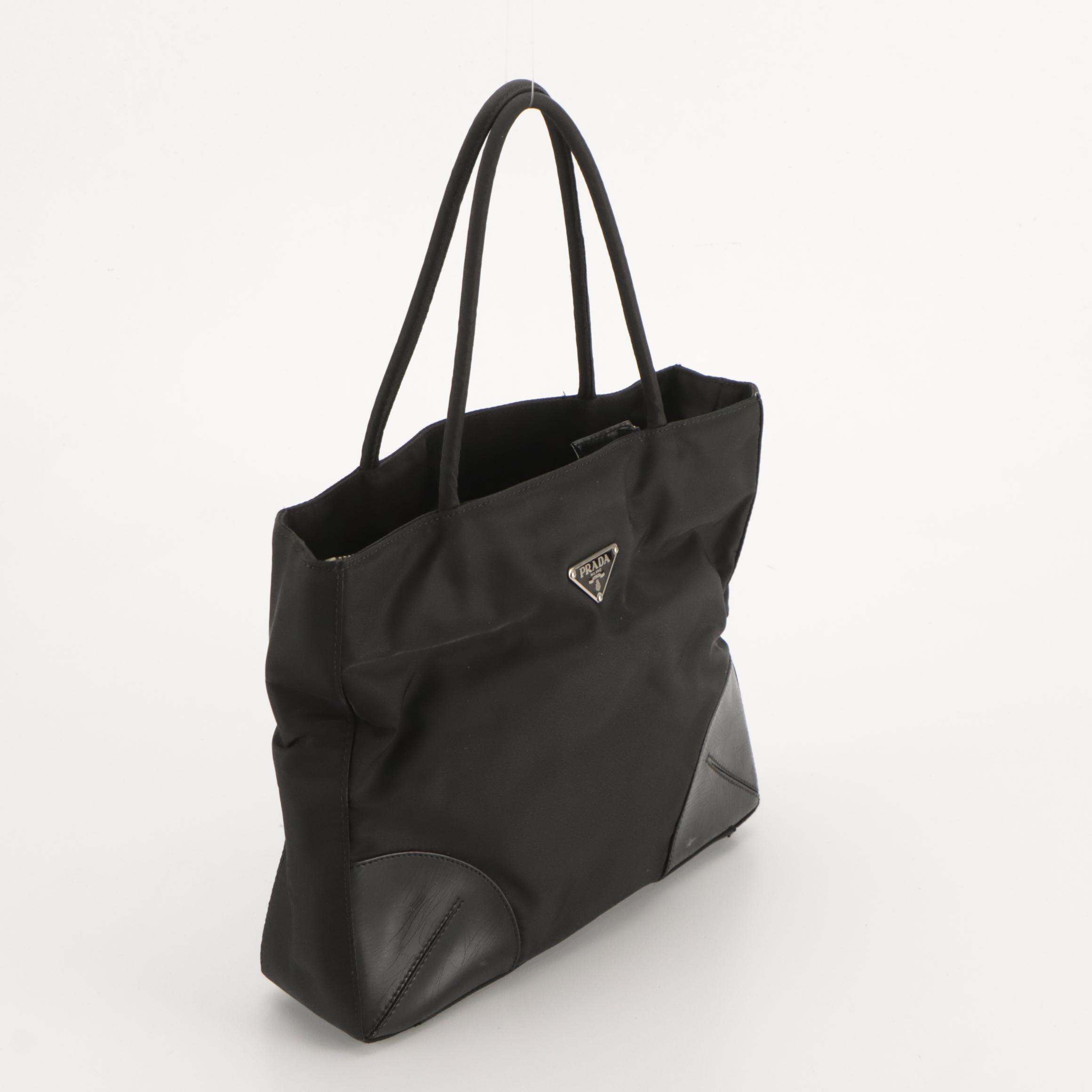 Prada Black Tessuto Nylon and Glazed Leather Tote