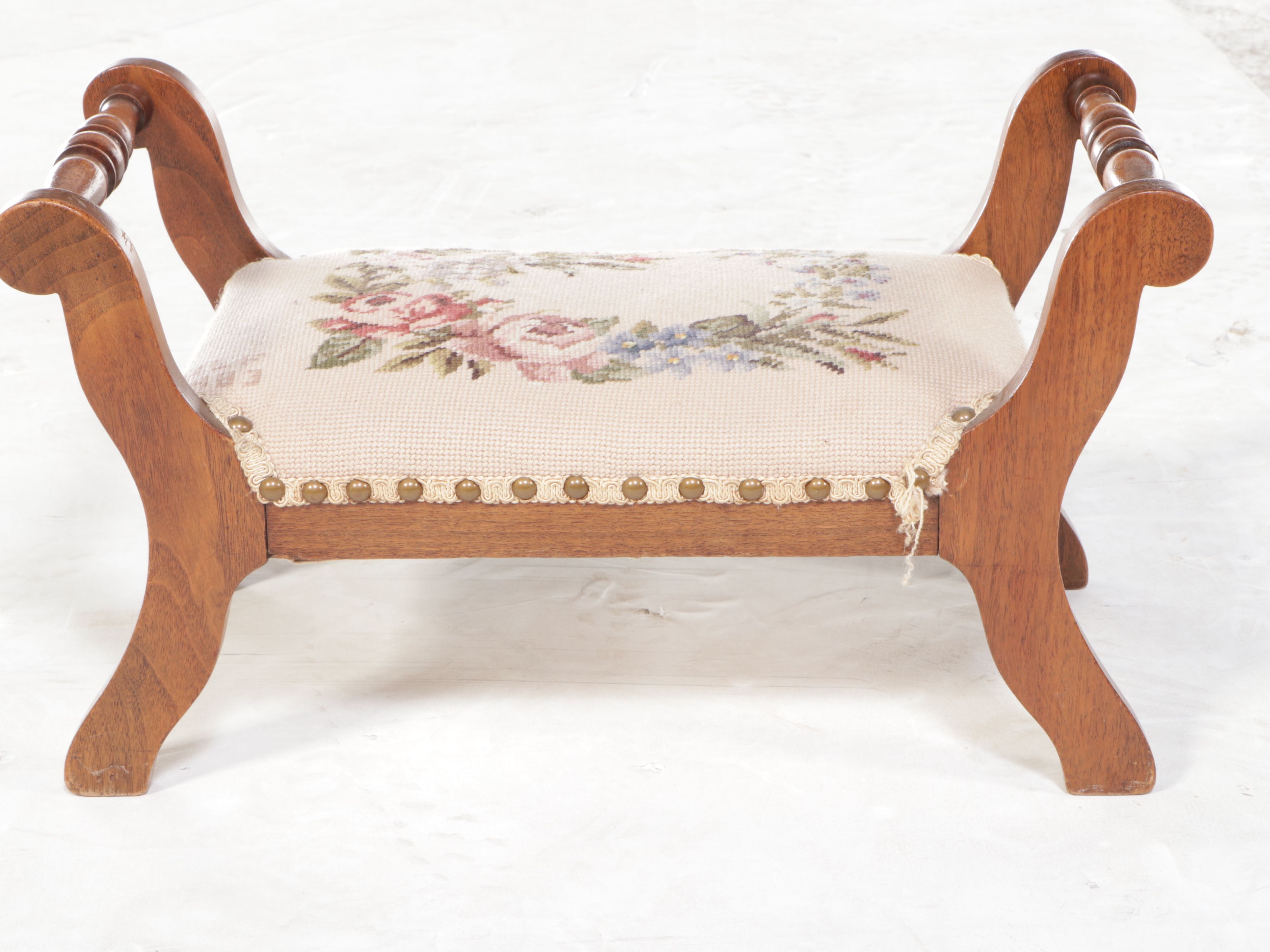 Victorian Style Wooden Framed Needlepoint Footstool