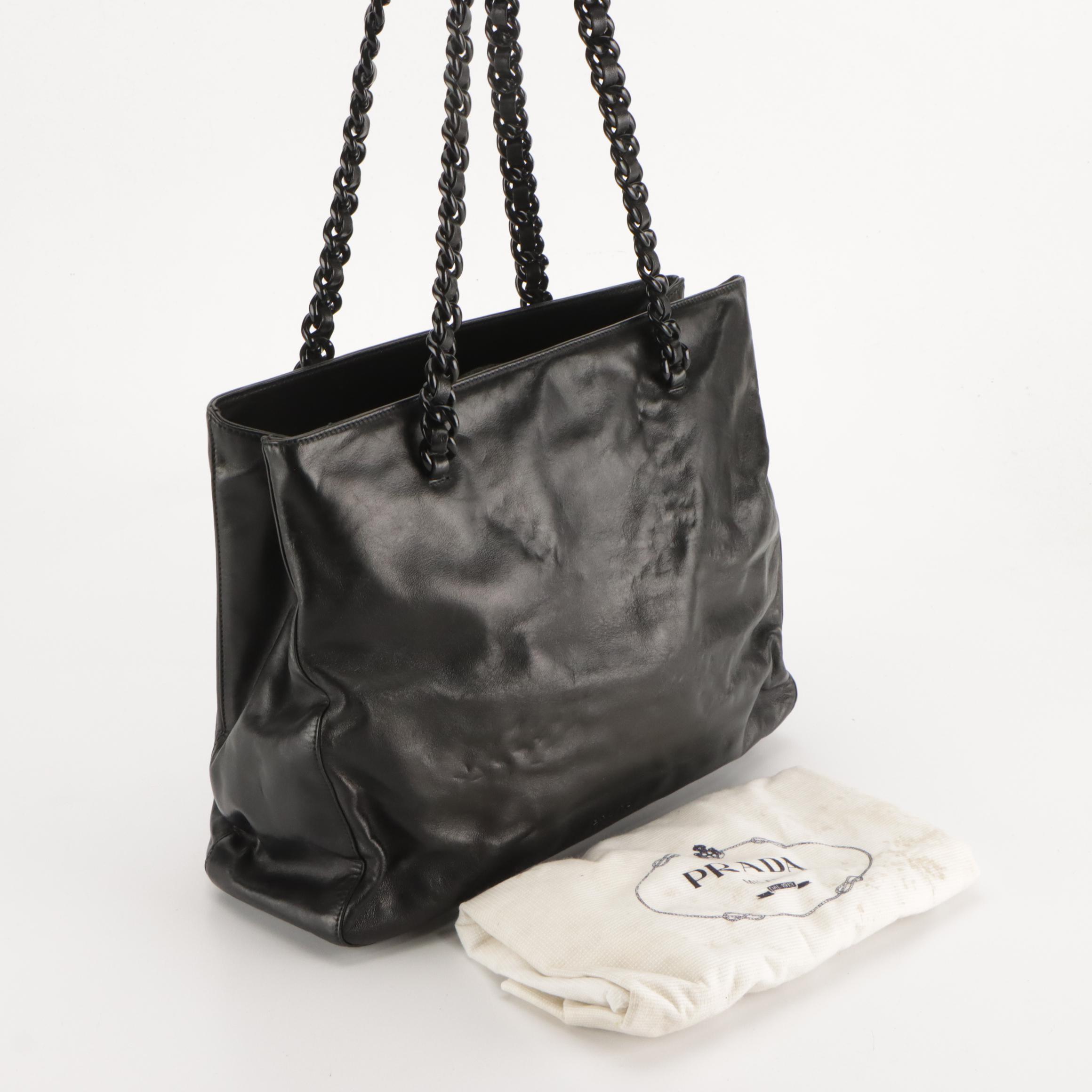 Prada Black Nappa Leather/Bachelite Shoulder Tote with Interwoven Chain Strap