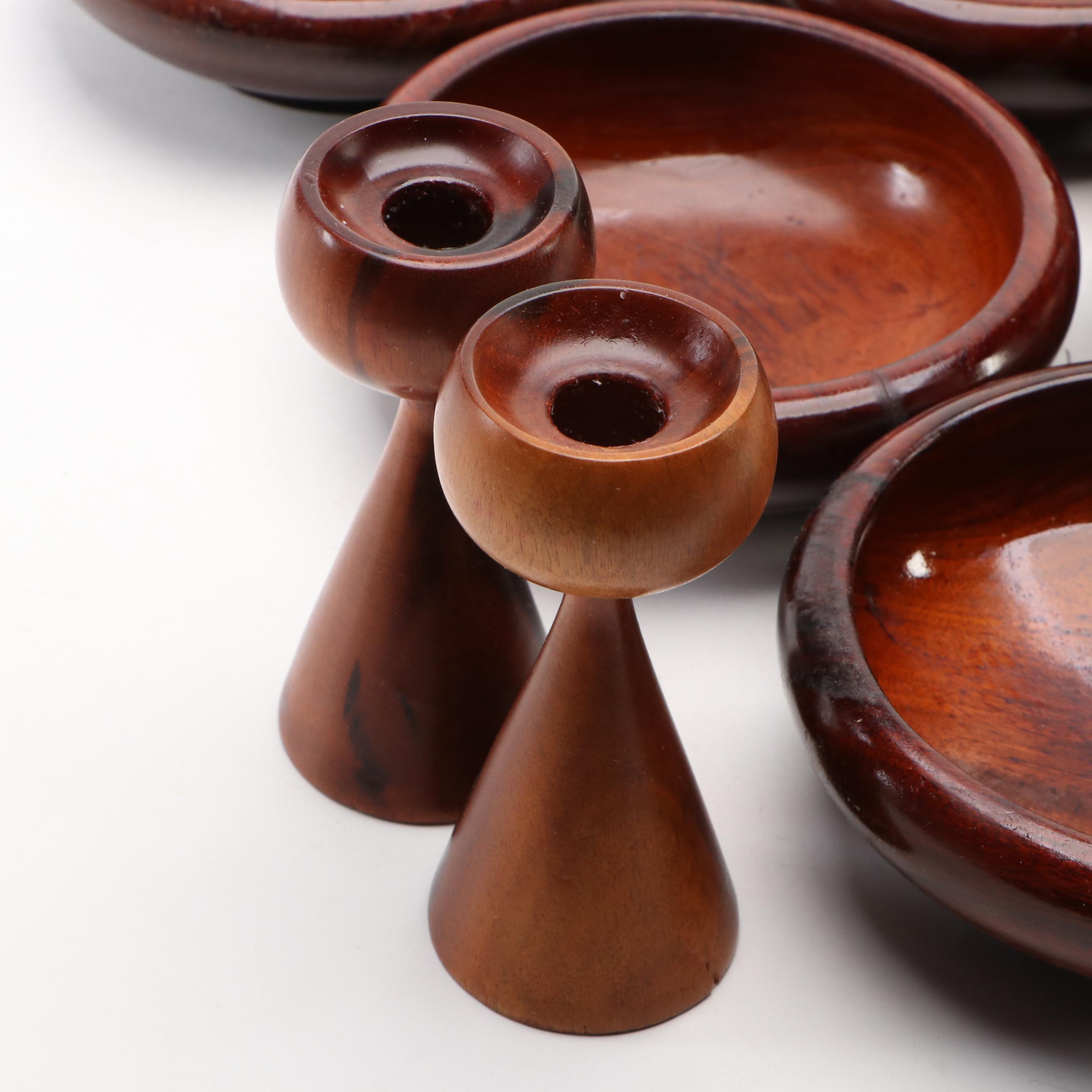 Danish Mid Century Modern Teak Candlesticks with Wooden Bowls, Vintage