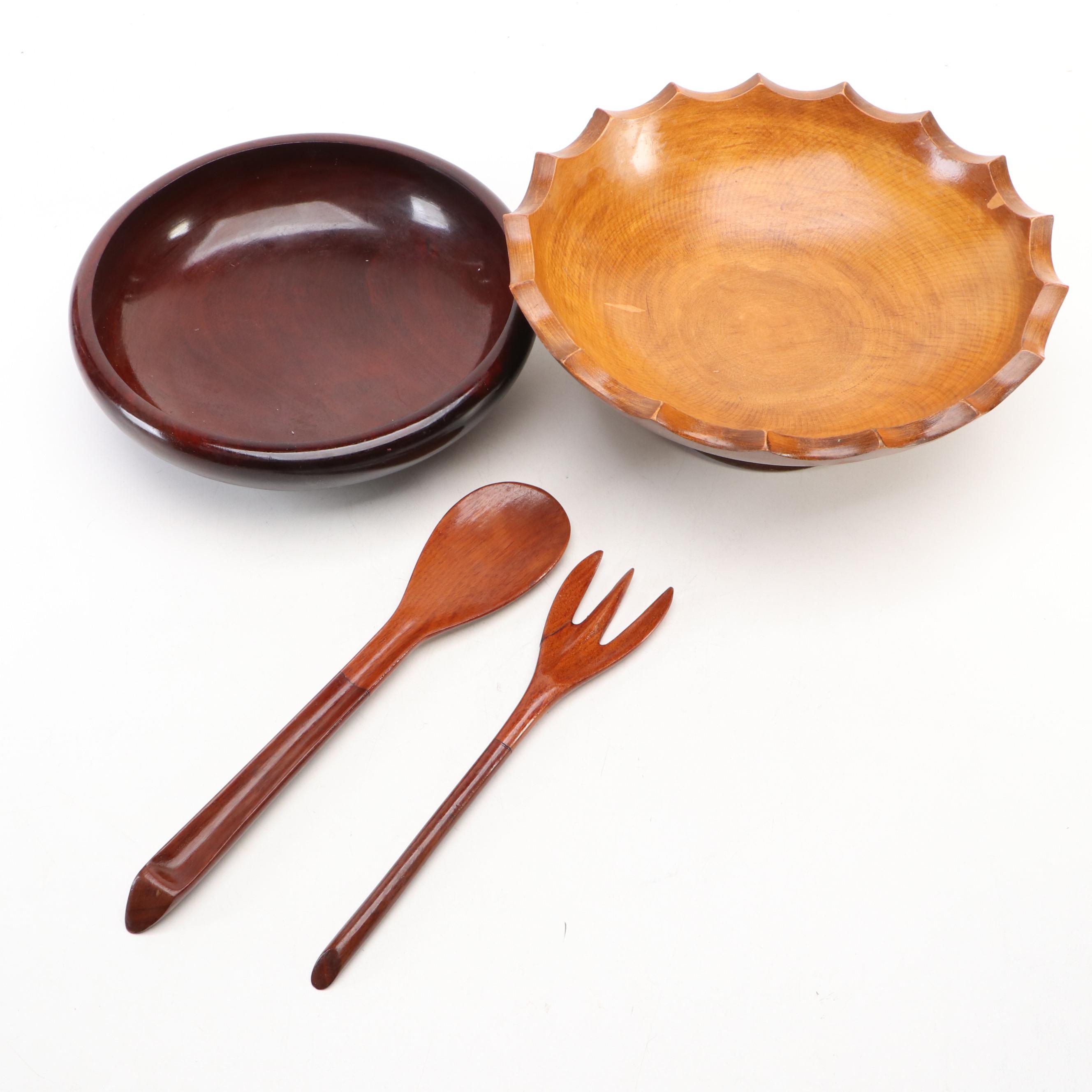 Danish Mid Century Modern Teak Candlesticks with Wooden Bowls, Vintage