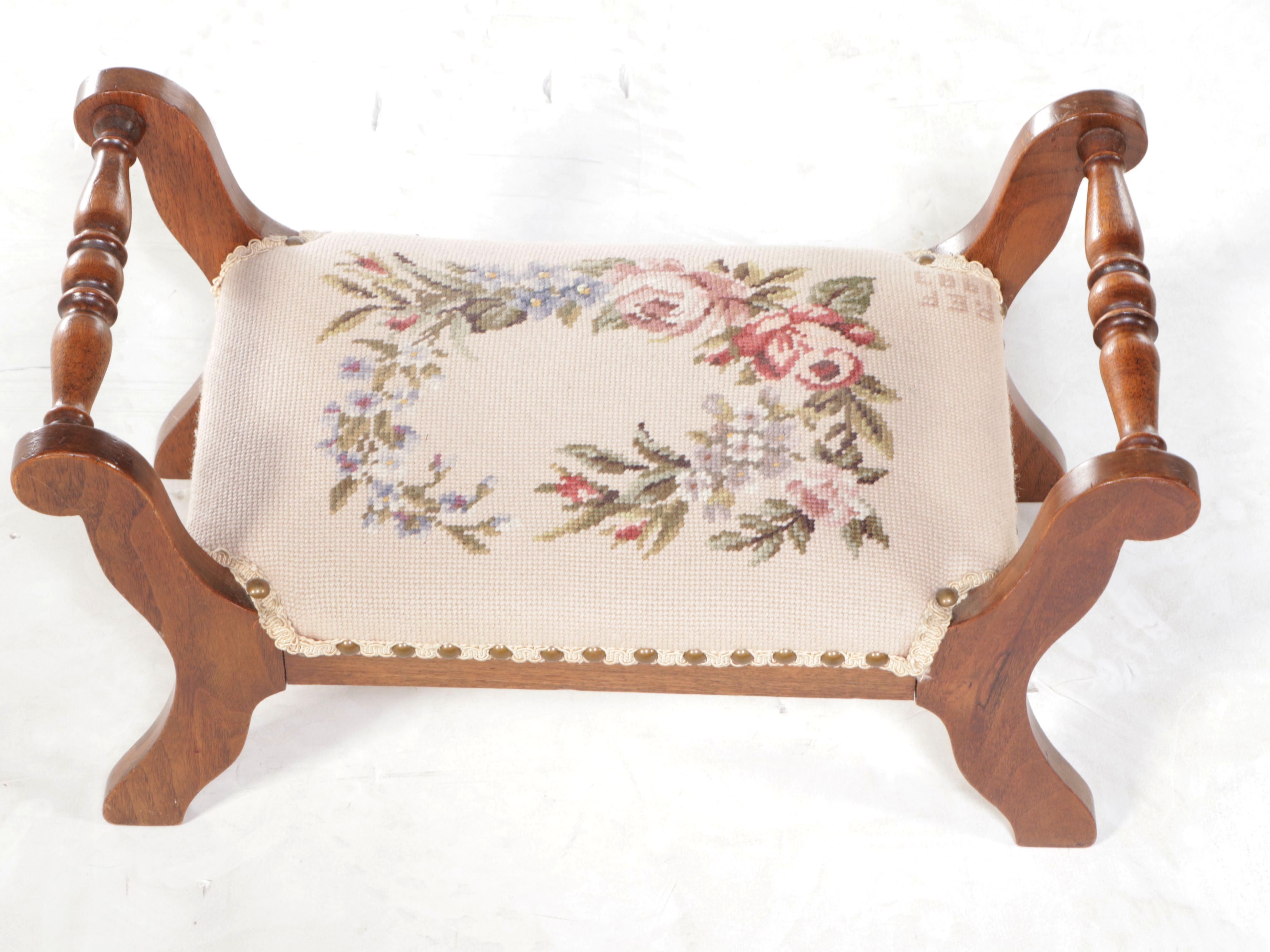Victorian Style Wooden Framed Needlepoint Footstool