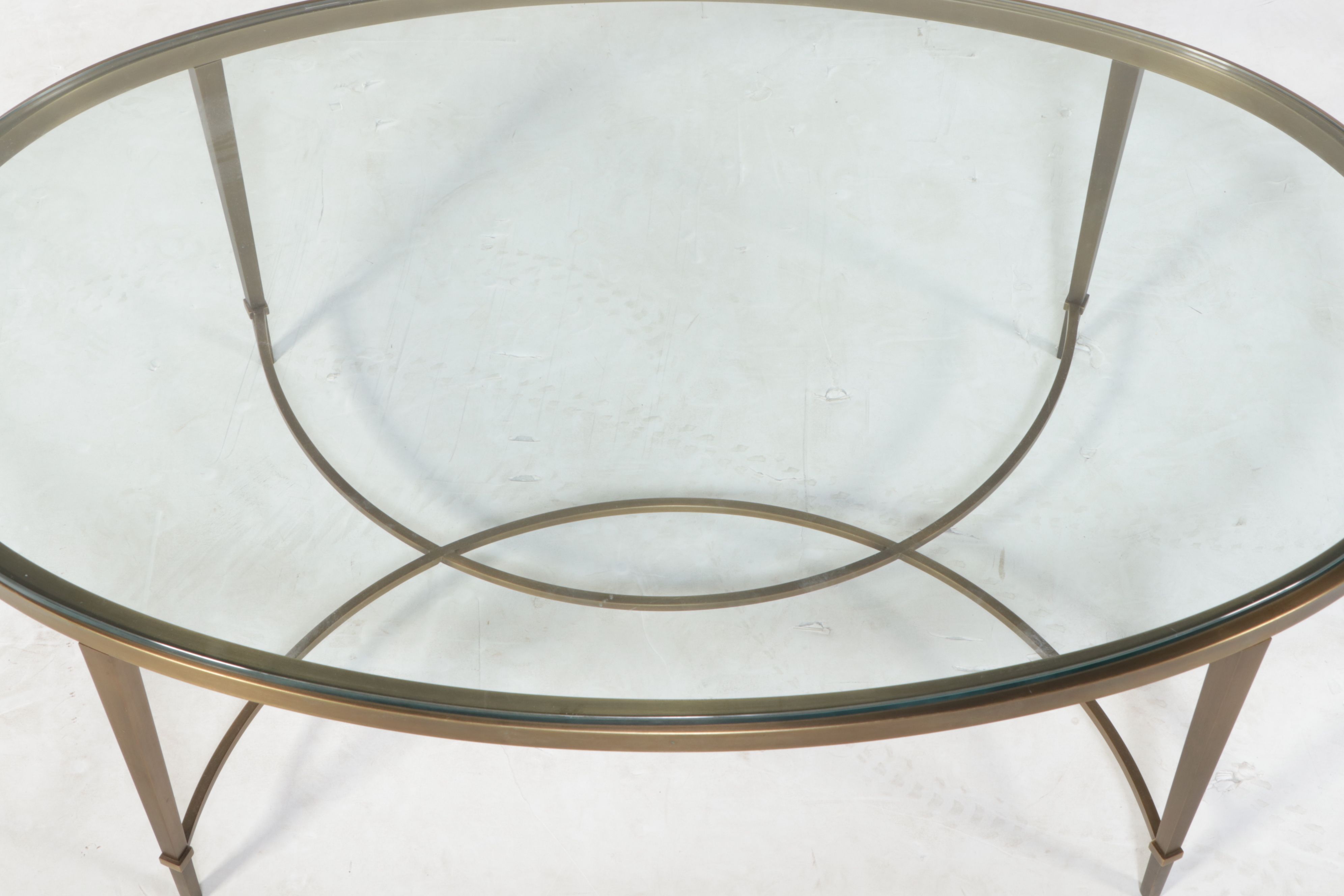 Hollywood Regency Style Oval Glass Coffee Table with Brass Finish Frame