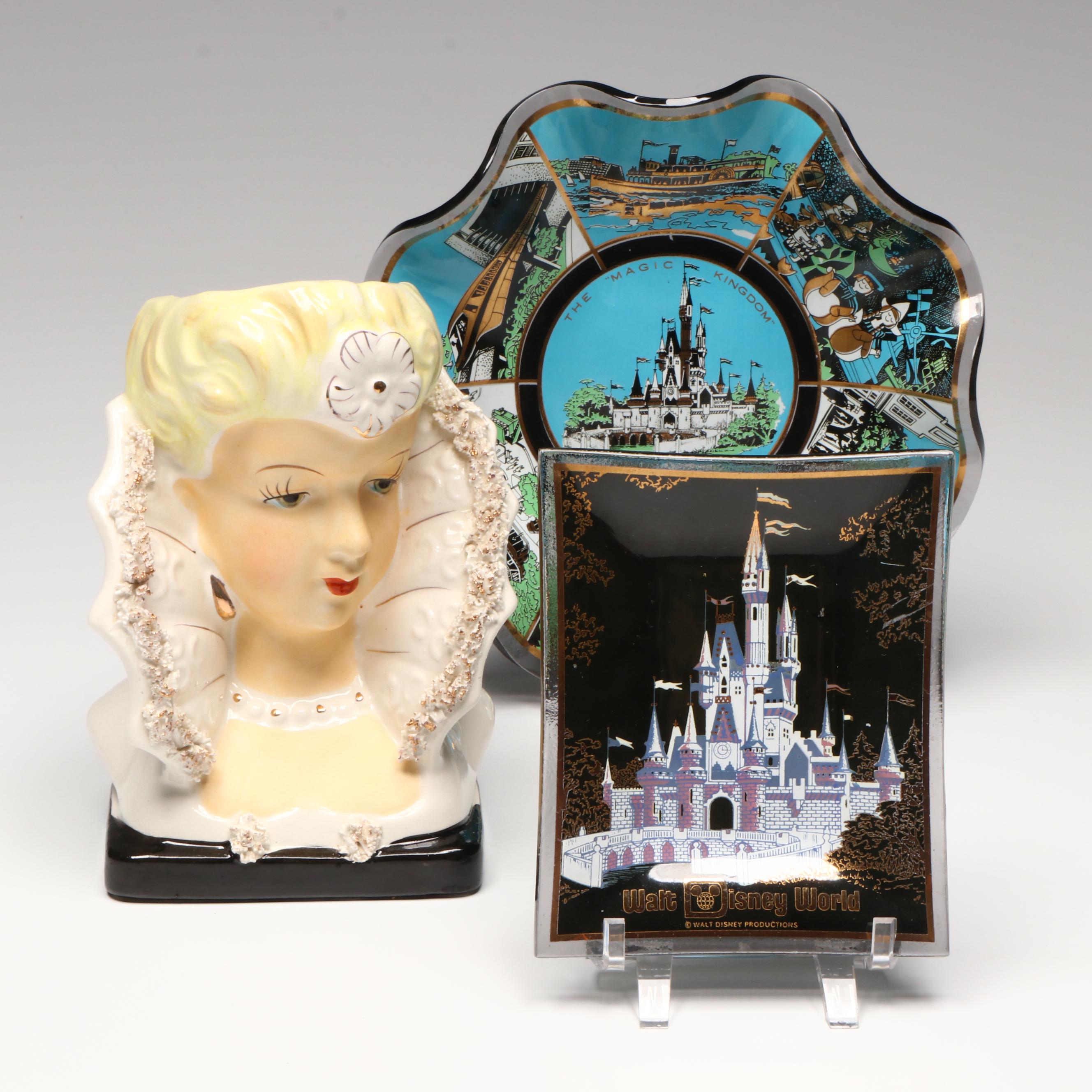 Vintage Lady Head Vase with Walt Disney World Souvenir Glass Bowls