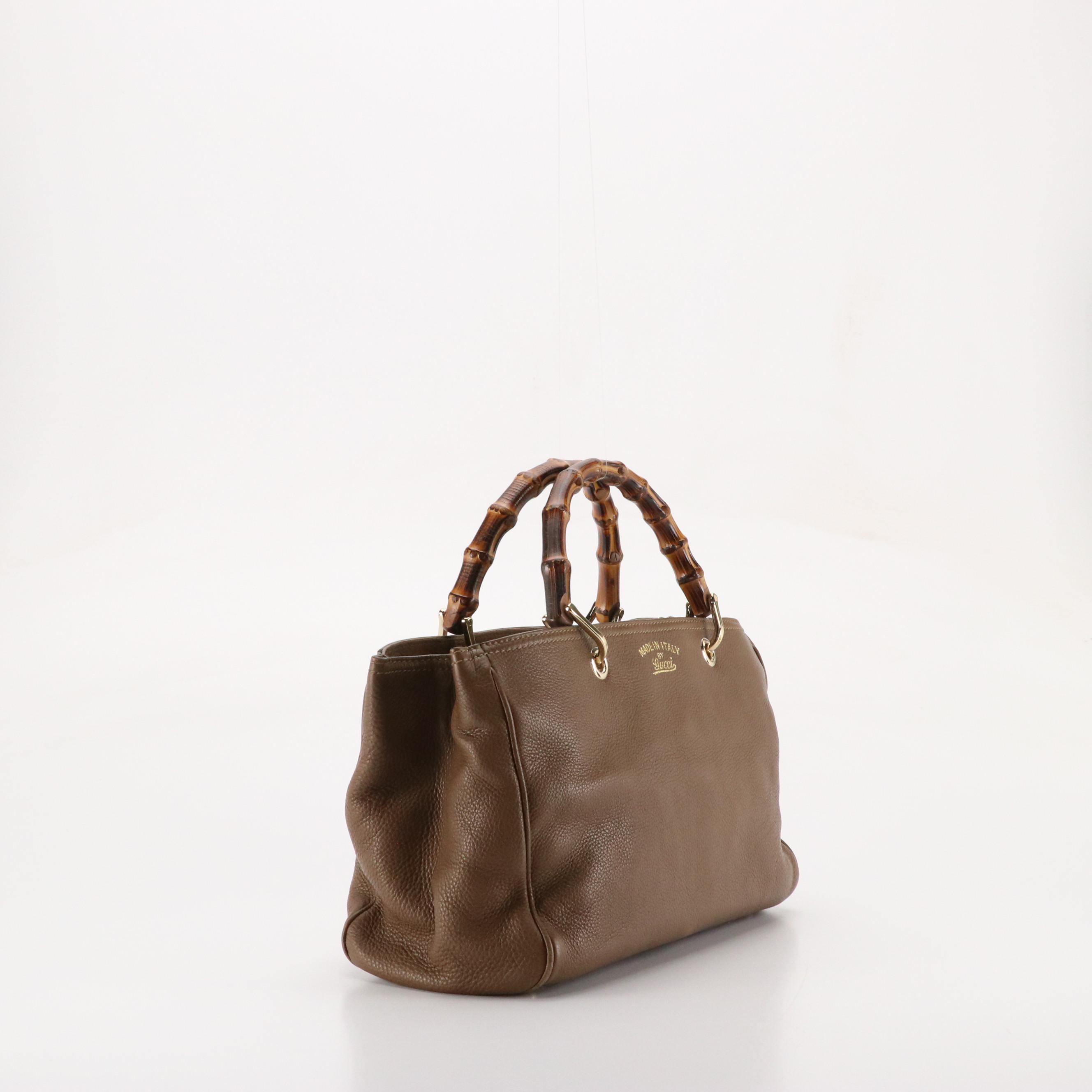 Gucci Bamboo Handle Shopper Tote in Brown Grained Calfskin Leather