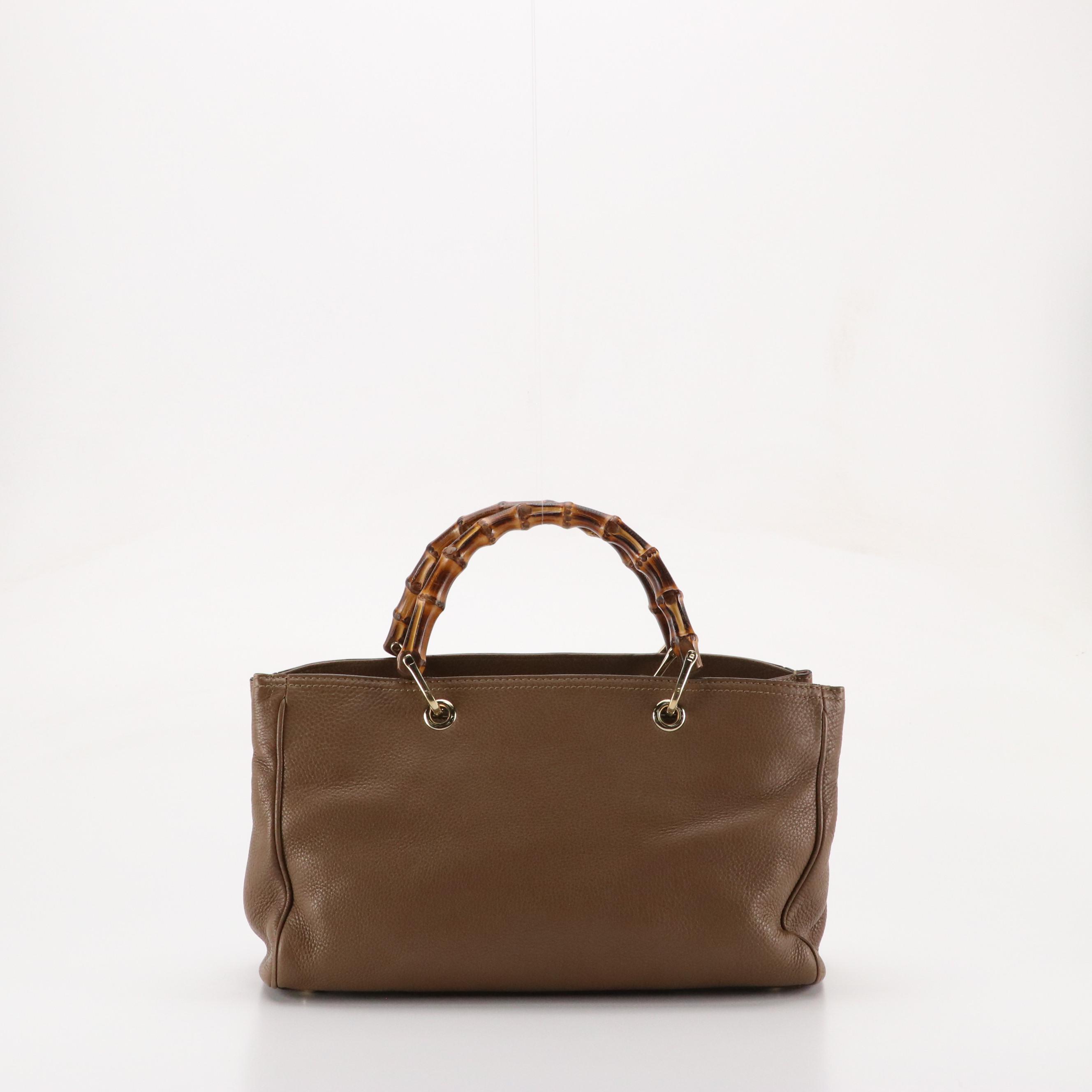 Gucci Bamboo Handle Shopper Tote in Brown Grained Calfskin Leather