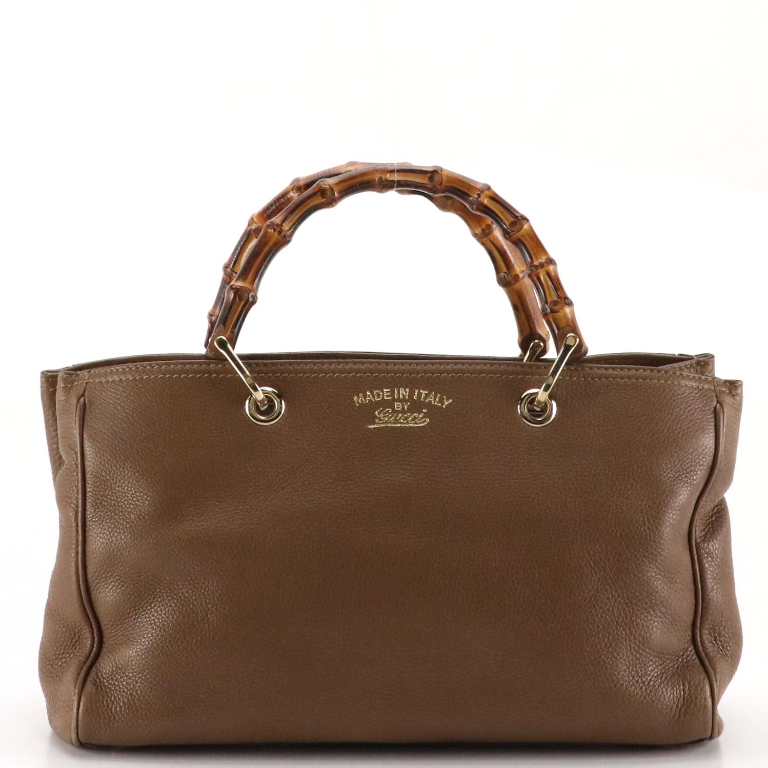 Gucci Bamboo Handle Shopper Tote in Brown Grained Calfskin Leather