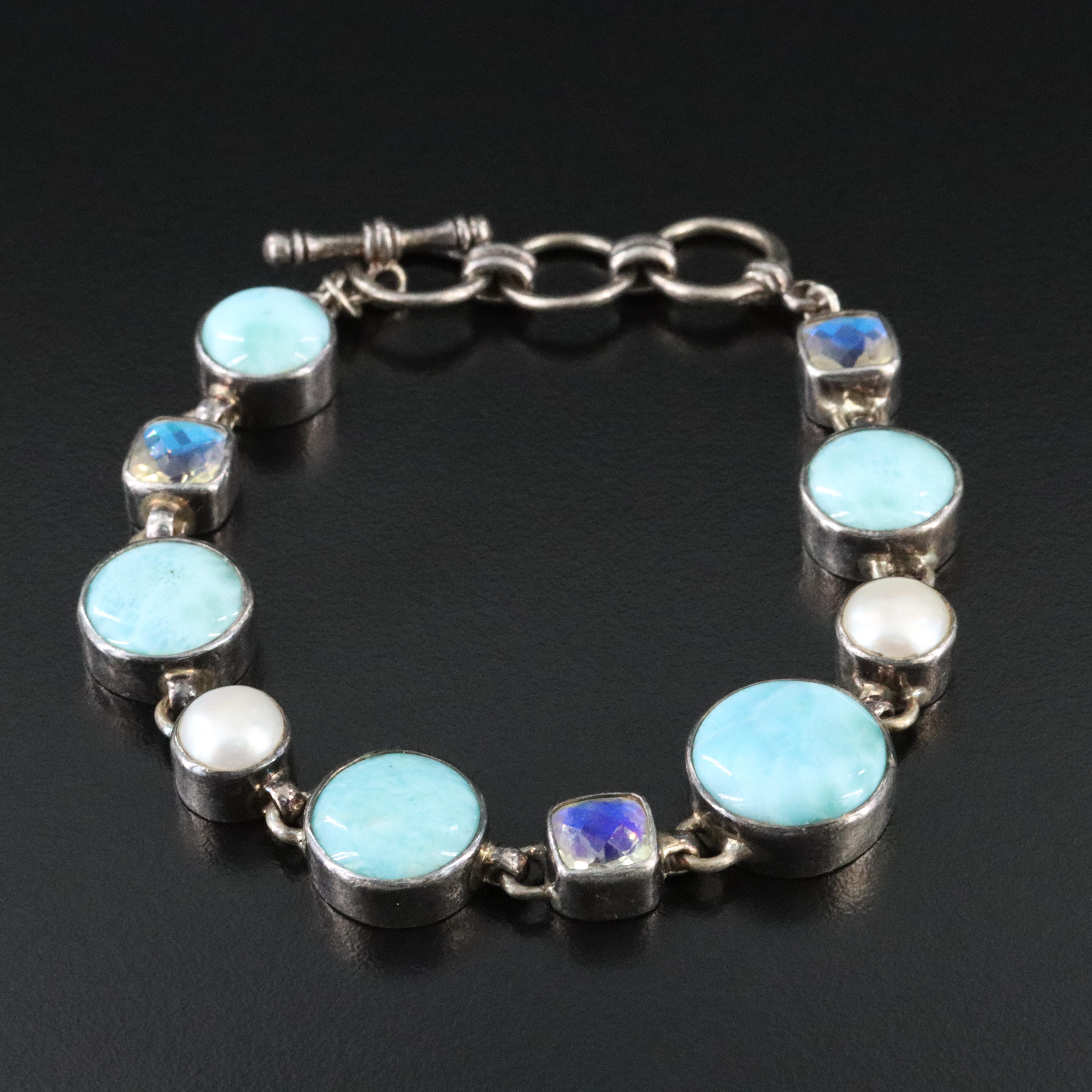 Sterling Larimar, Pearl and Quartz Doublet Bracelet