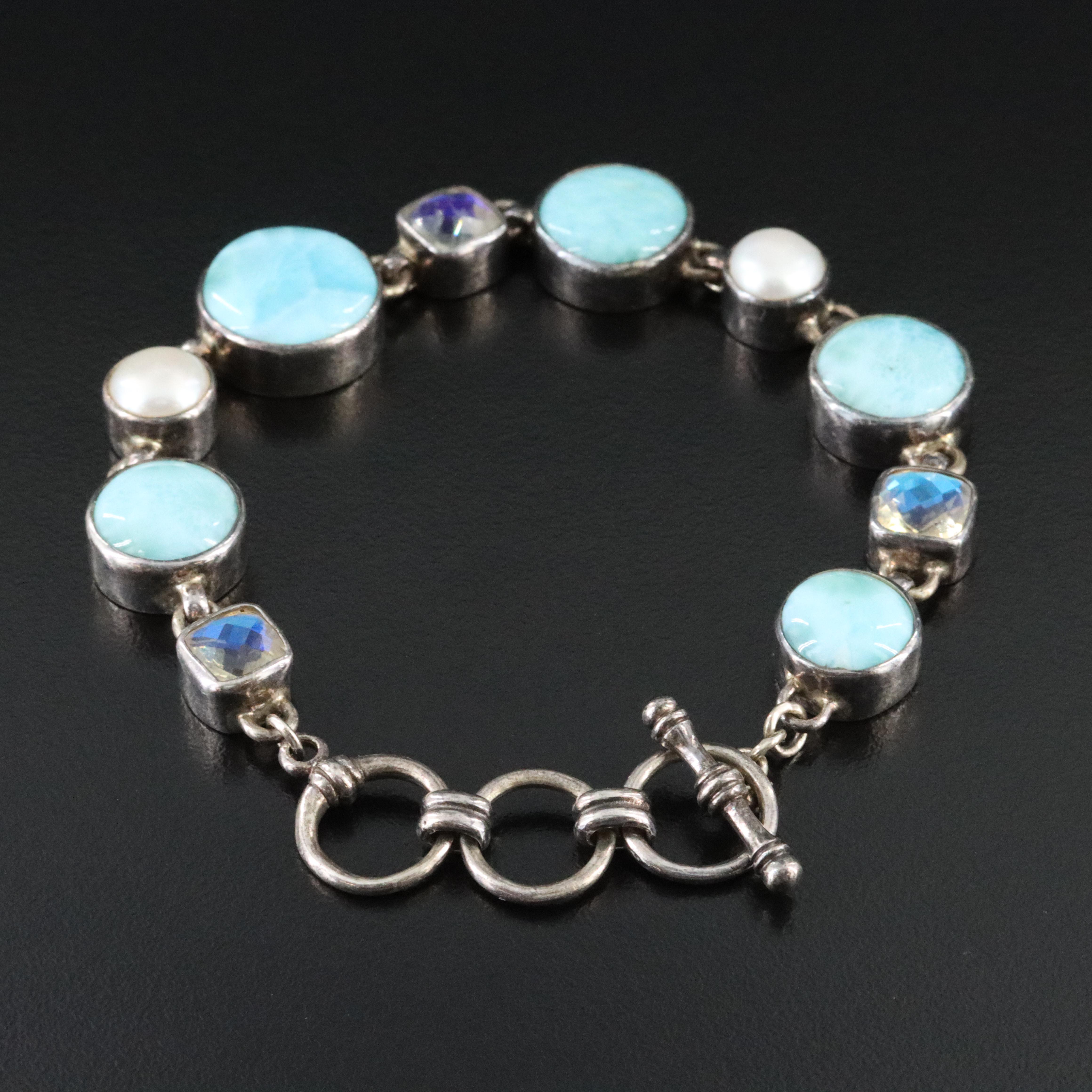 Sterling Larimar, Pearl and Quartz Doublet Bracelet