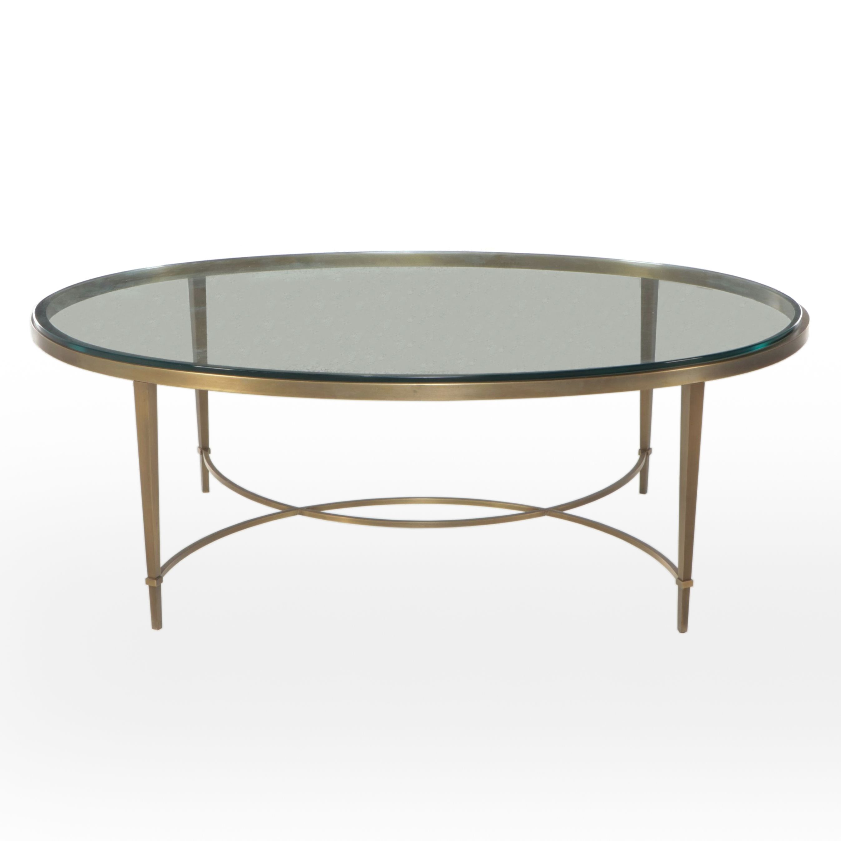 Hollywood Regency Style Oval Glass Coffee Table with Brass Finish Frame