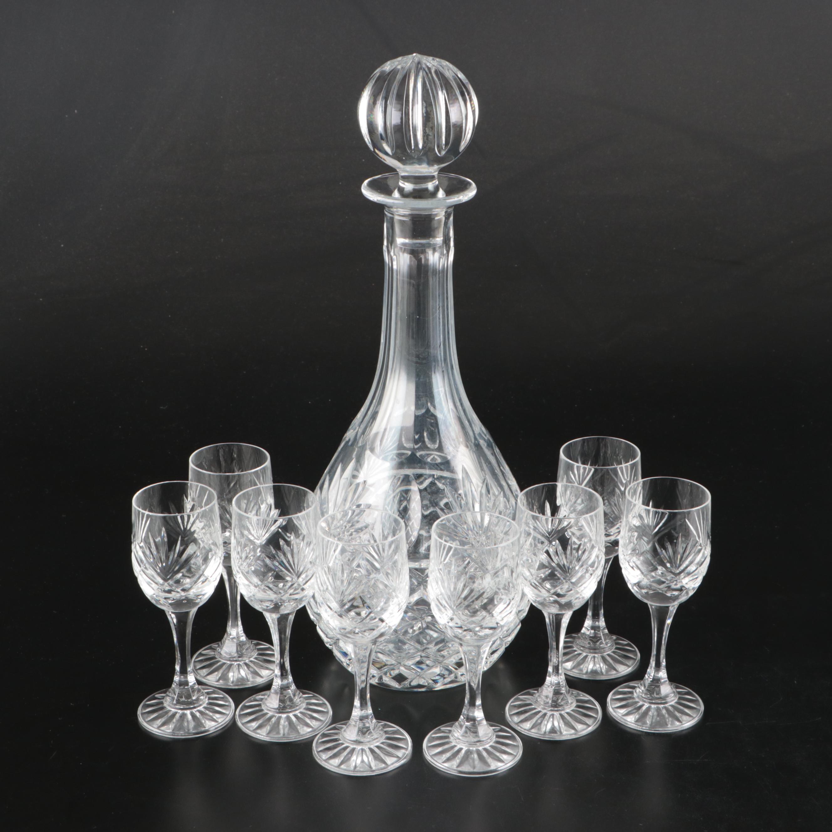 Edwardian Style Crystal Decanter with Cordial Glasses, Mid to Late 20th Century
