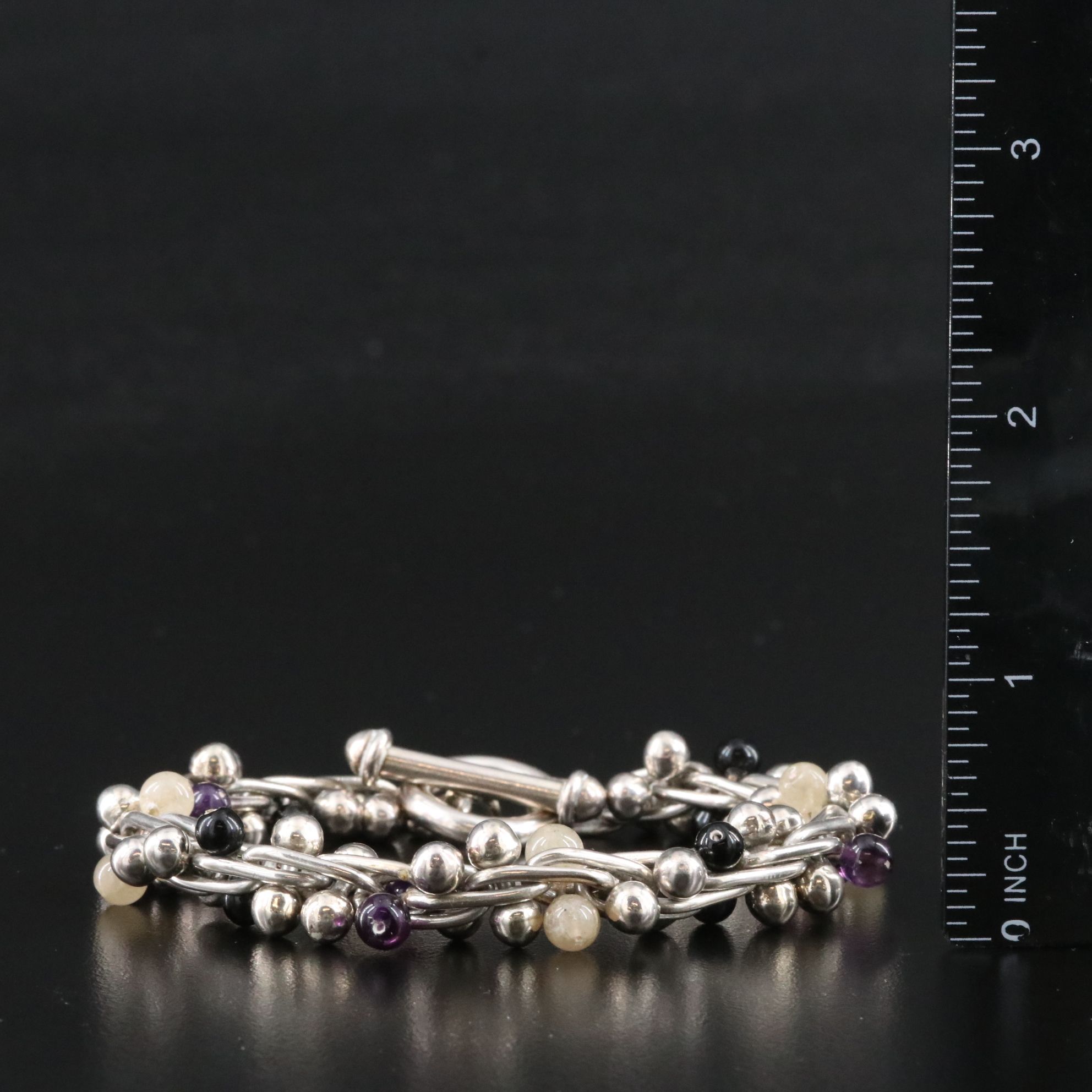 Sterling Amethyst, Quartzite and Black Onyx Bracelet