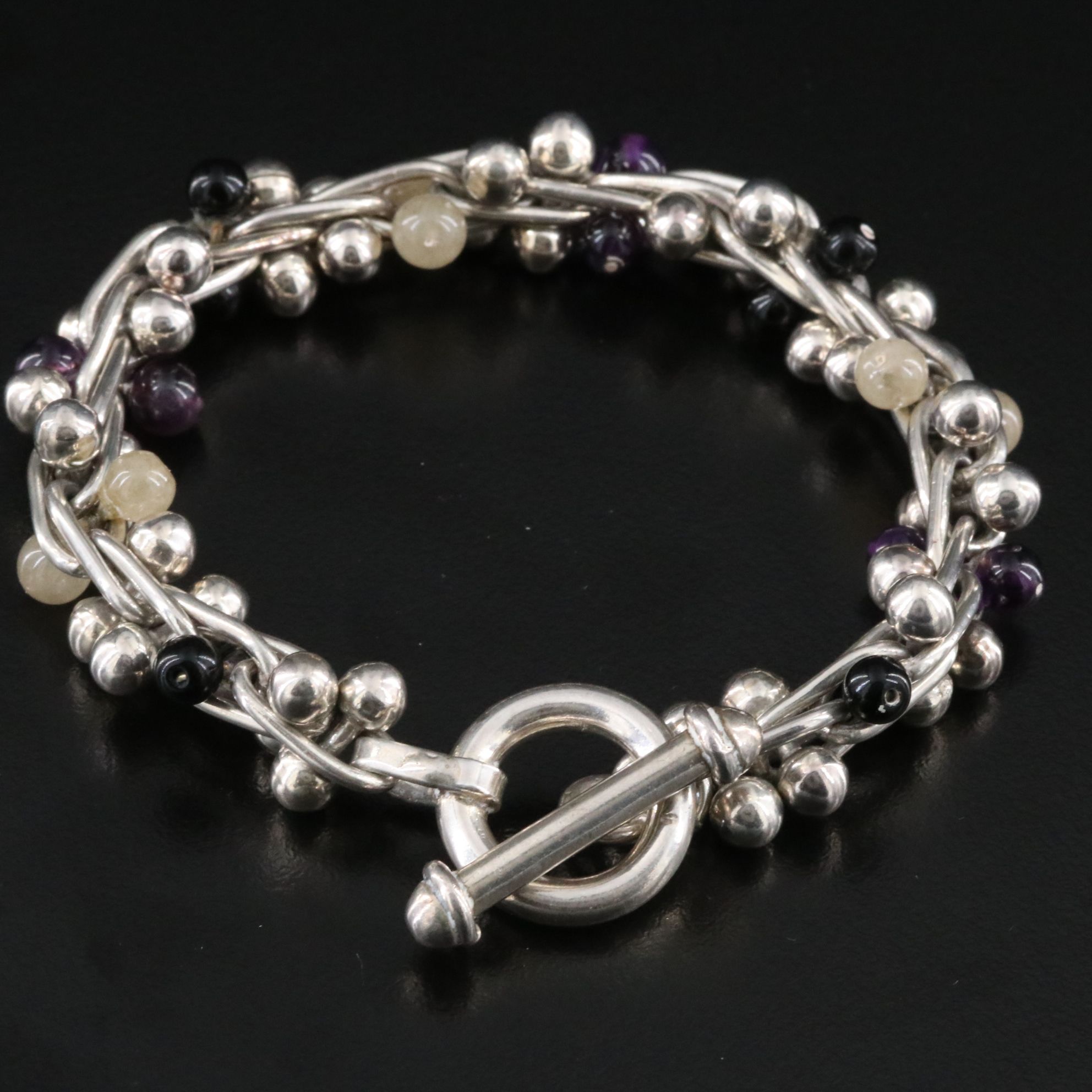 Sterling Amethyst, Quartzite and Black Onyx Bracelet