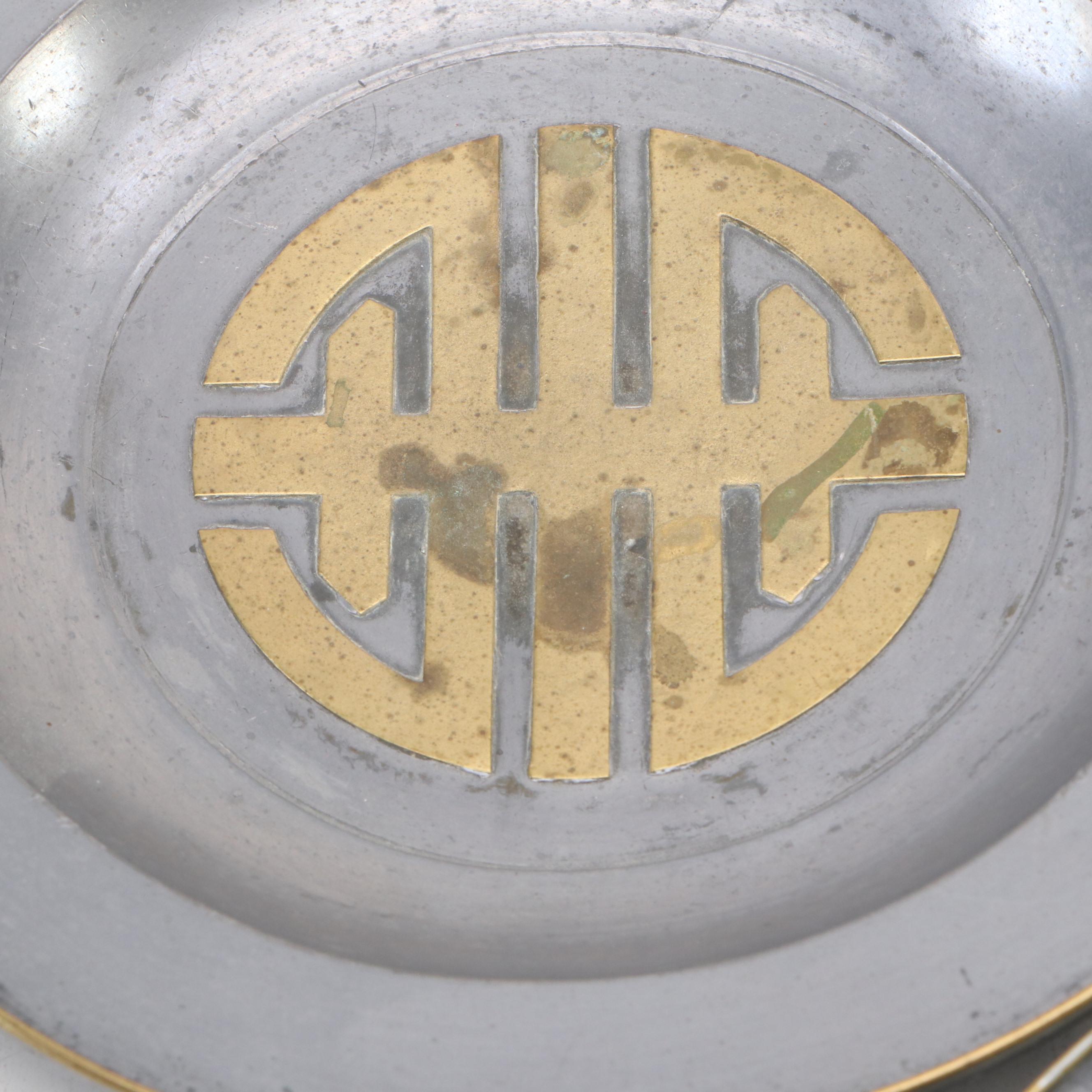 Mid Century Modern Style Pewter Bowl with Stylized Brass Fu Symbol