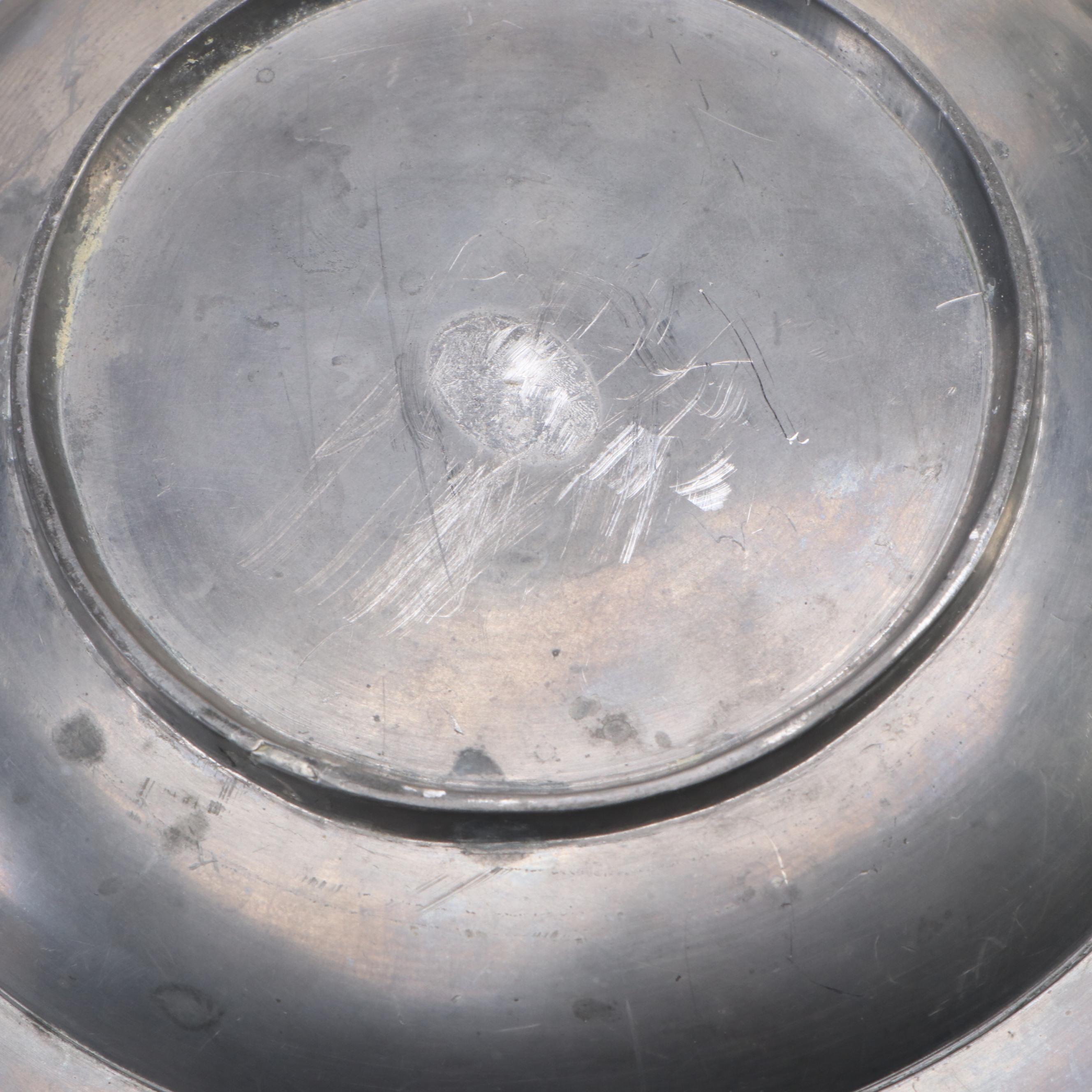 Mid Century Modern Style Pewter Bowl with Stylized Brass Fu Symbol