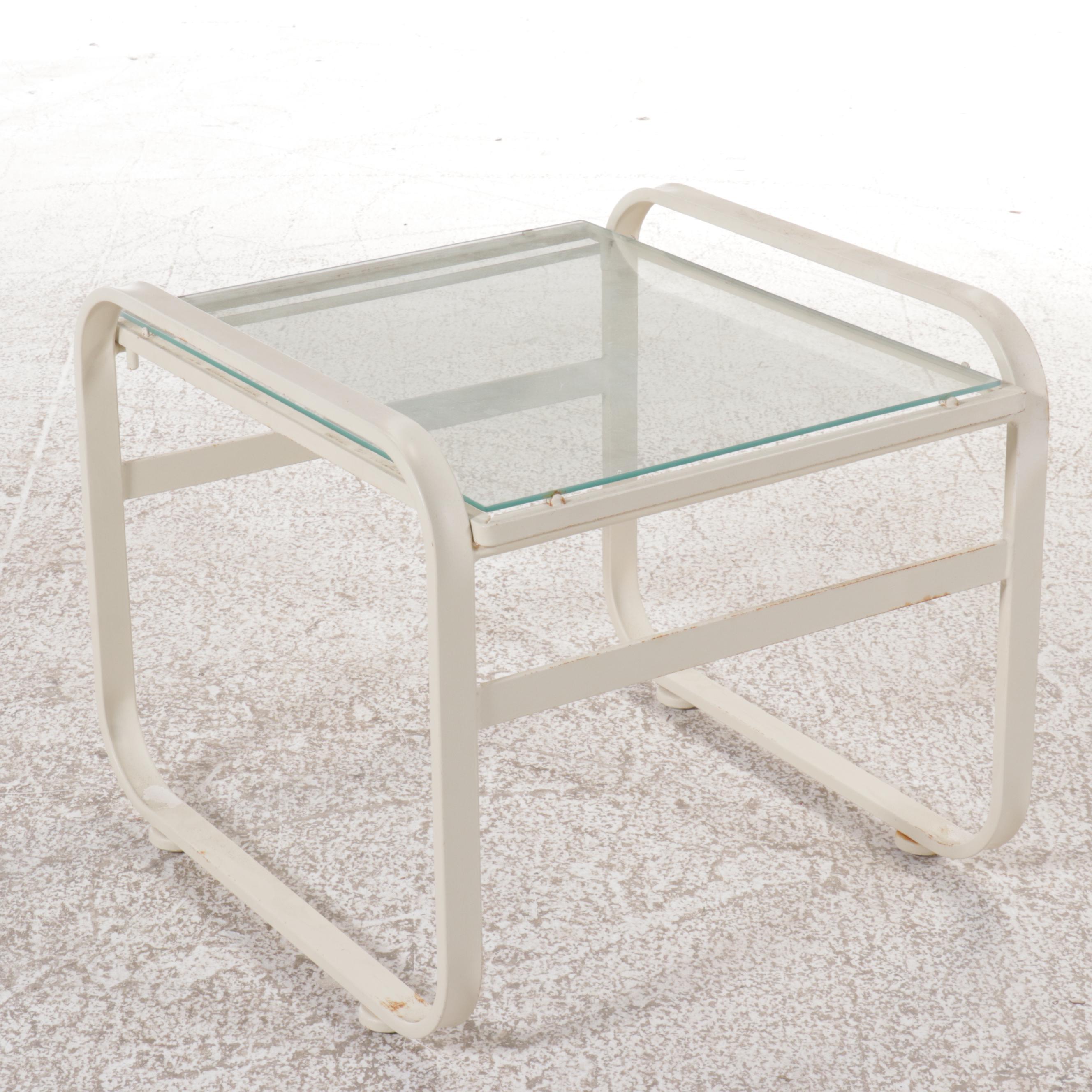 Pair of Cantilevered Aluminum Patio Armchairs with Ottoman and Side Table