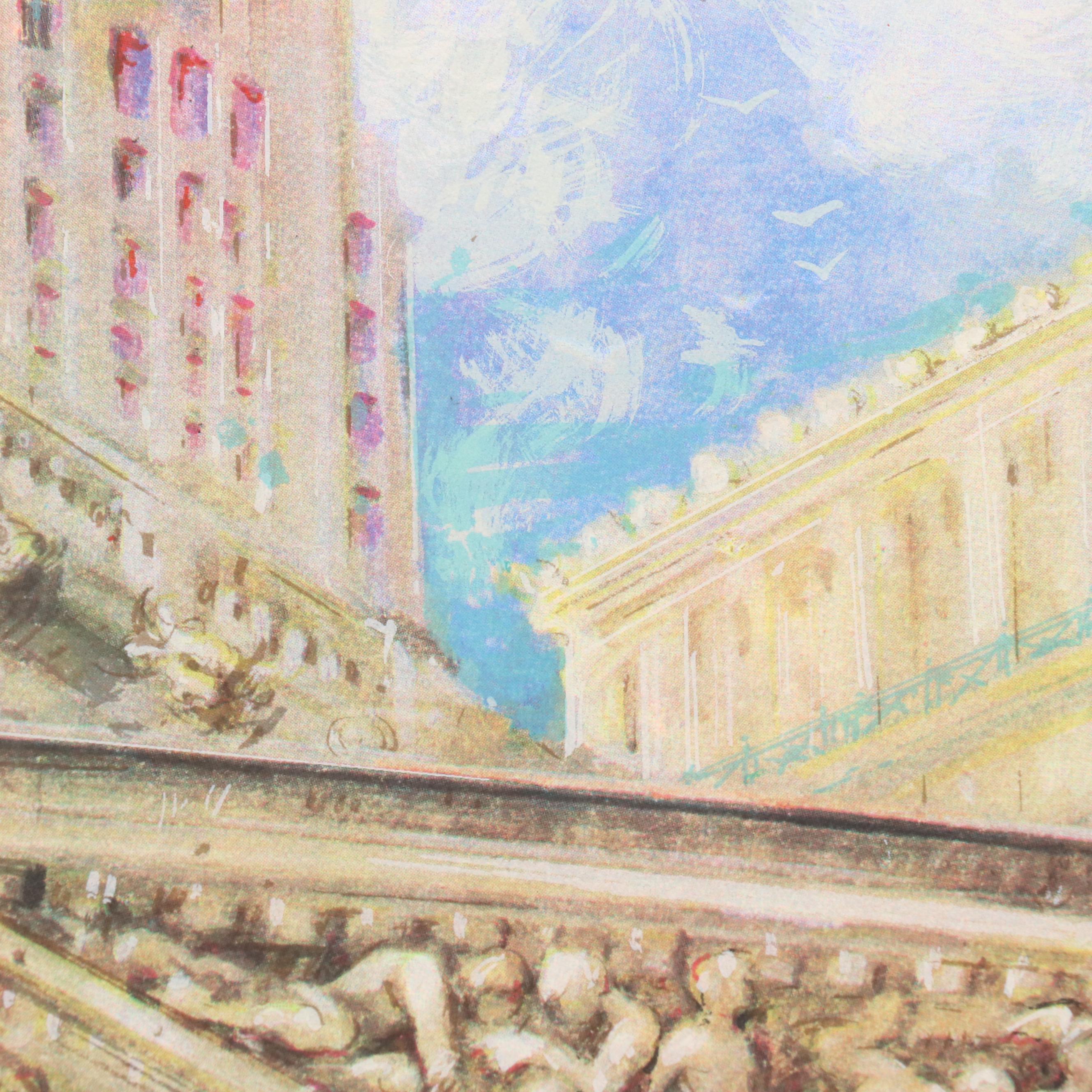 Kamil Kubik Offset Lithograph "Noon at the Exchange," Late 20th C.