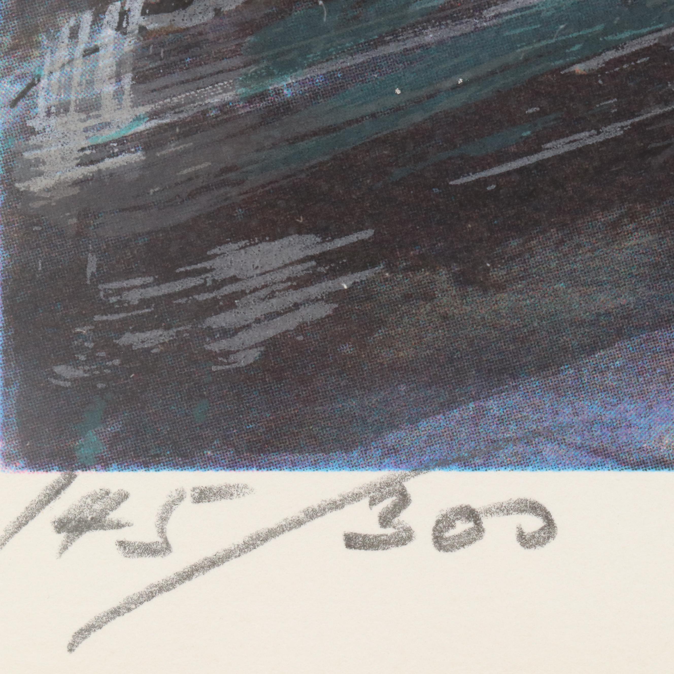 Kamil Kubik Offset Lithograph "Noon at the Exchange," Late 20th C.