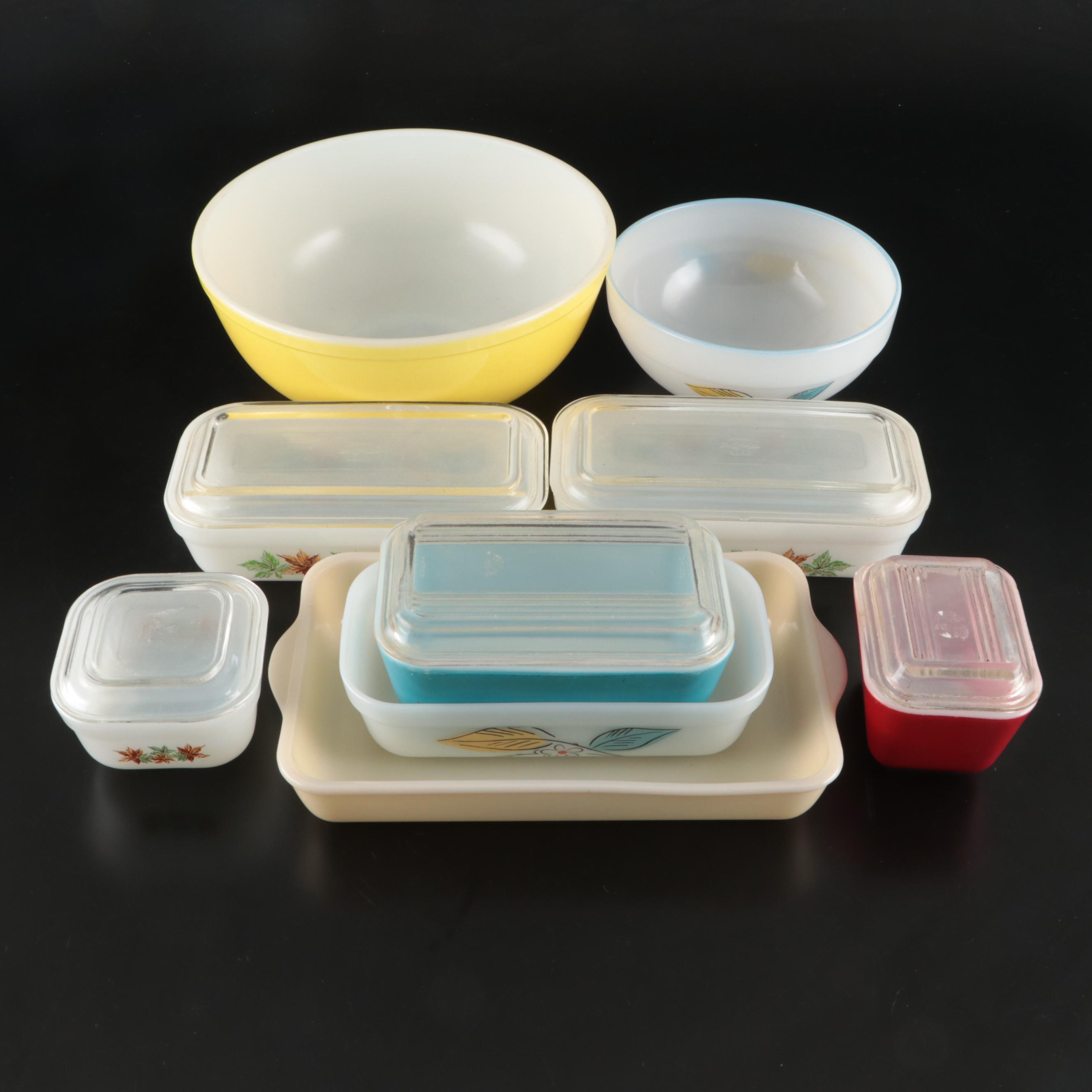 Fire-King and Pyrex Mixing Bowls, Refrigerator Containers and Baking Dish