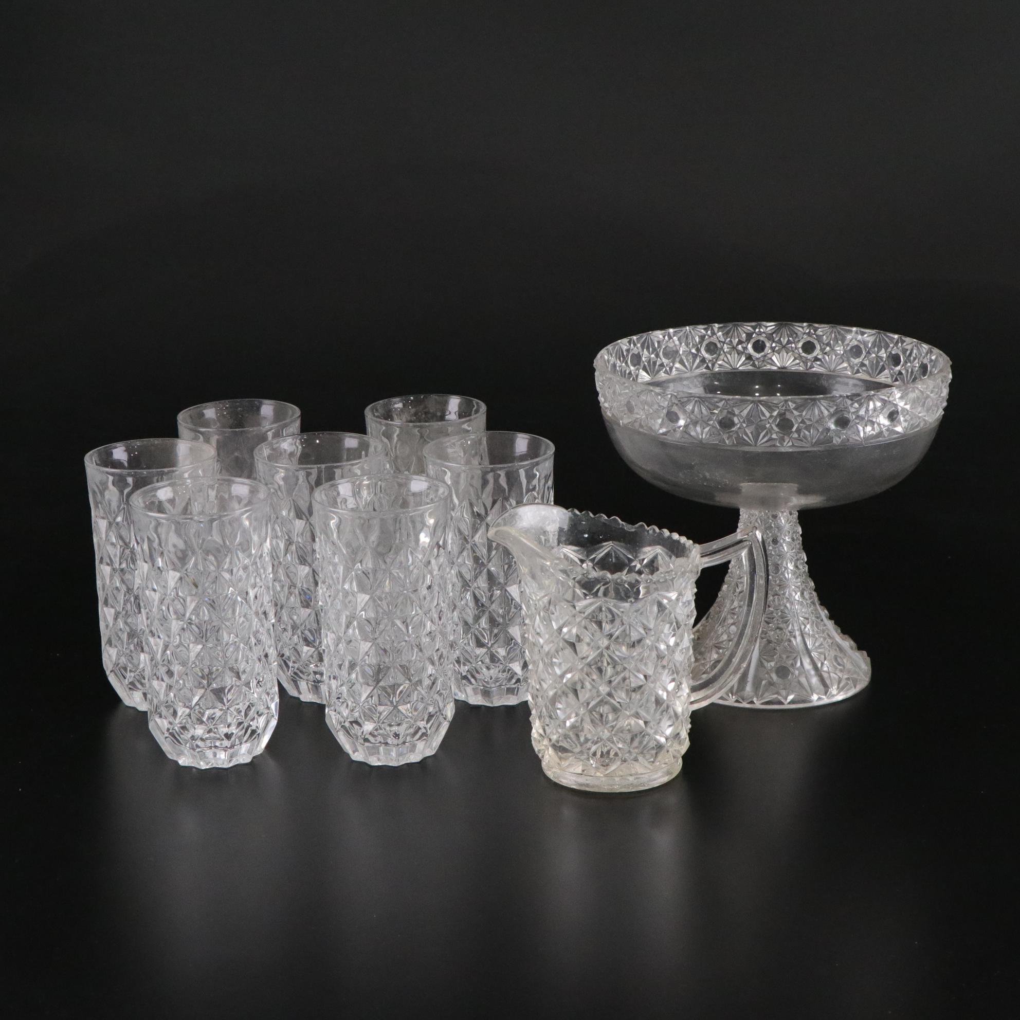 O'Hara Glass EAPG "Bartholdi" Compote with "Diamond Optic" Tumblers and Pitcher