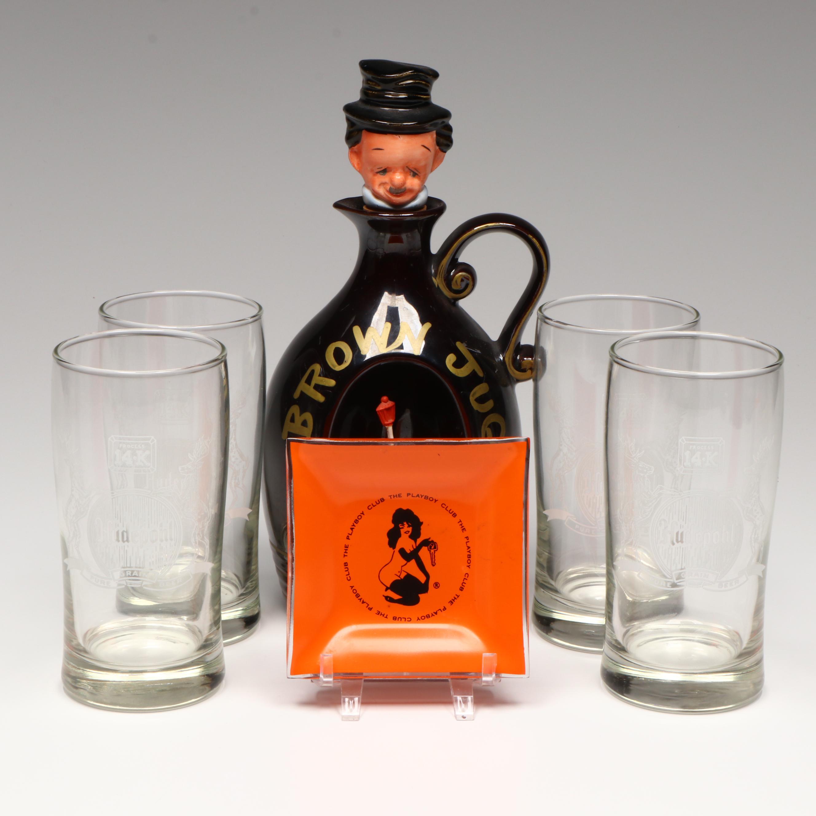 Hudepohl Beer Glass Tumblers with Playboy Club Ashtray and Musical Jug