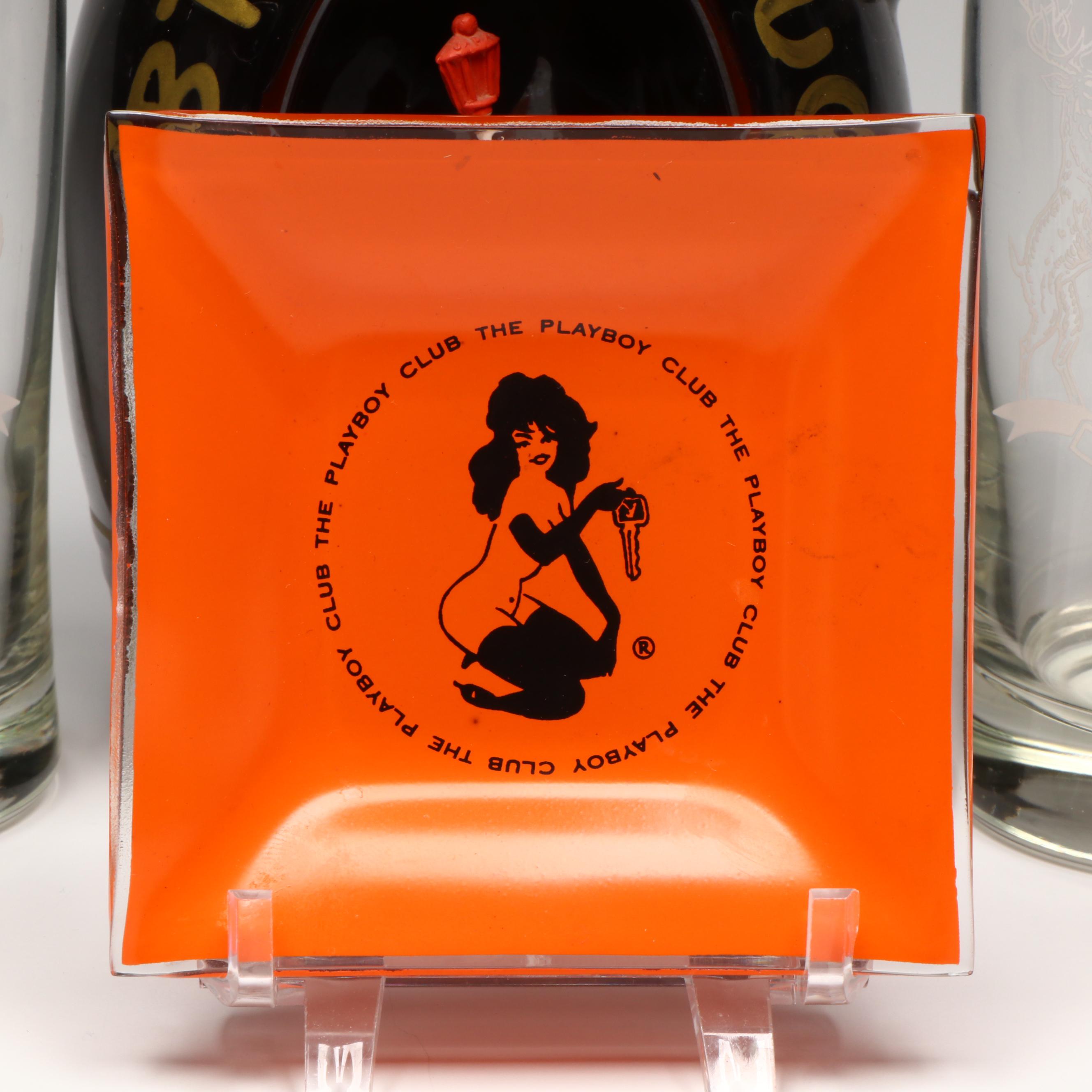 Hudepohl Beer Glass Tumblers with Playboy Club Ashtray and Musical Jug