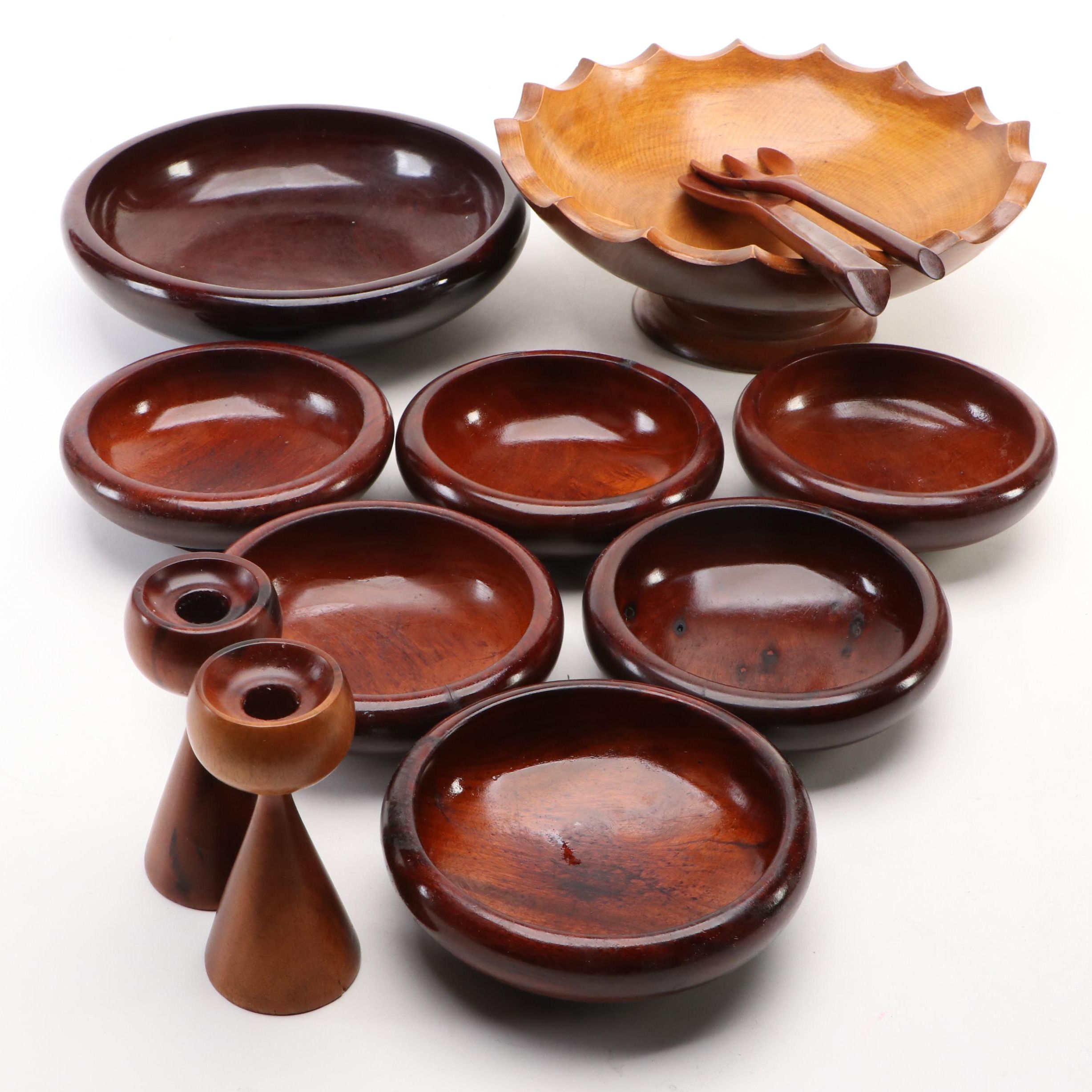 Danish Mid Century Modern Teak Candlesticks with Wooden Bowls, Vintage