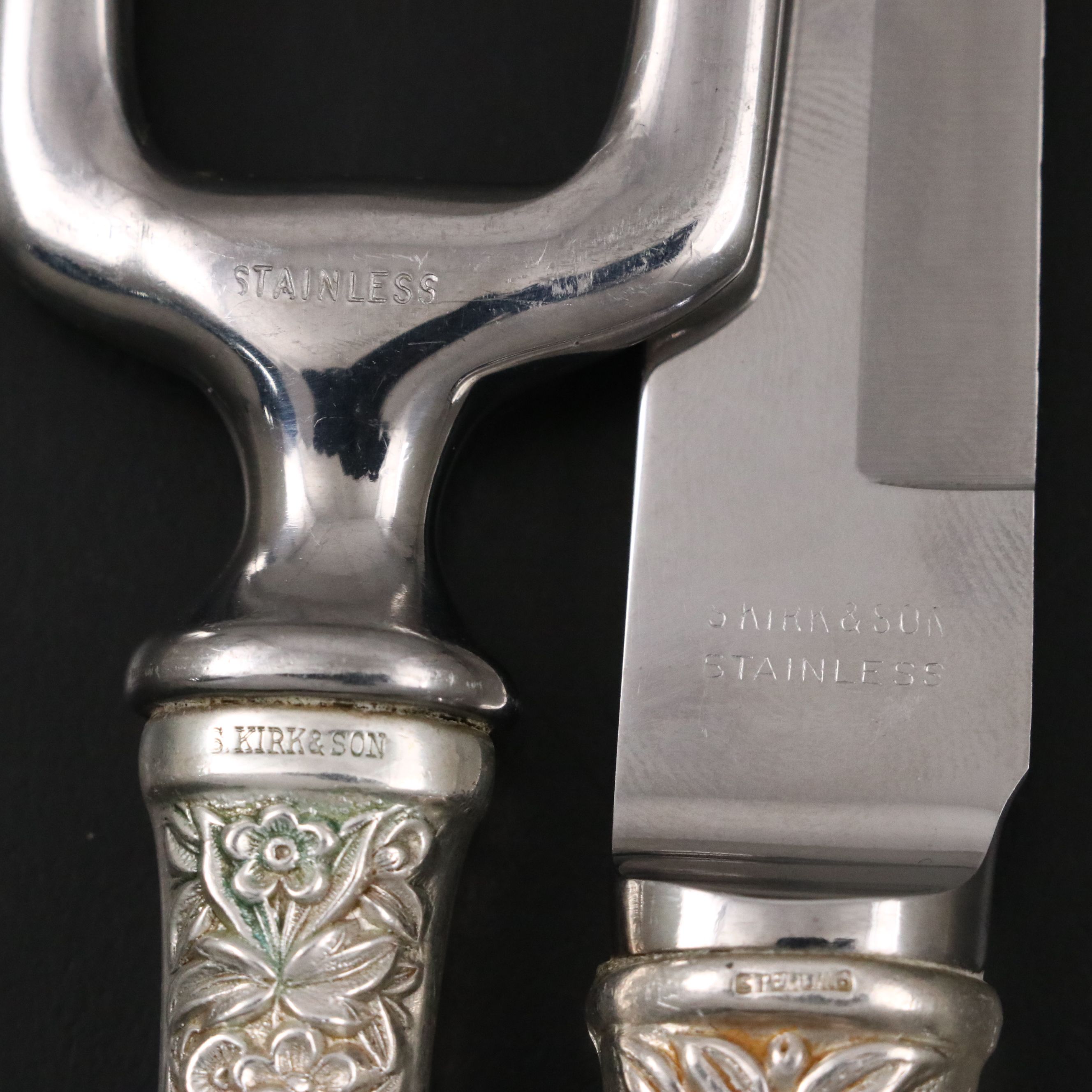 S. Kirk & Son "Repoussé"  Sterling Silver Handled Roast Holder and Ham Slicer