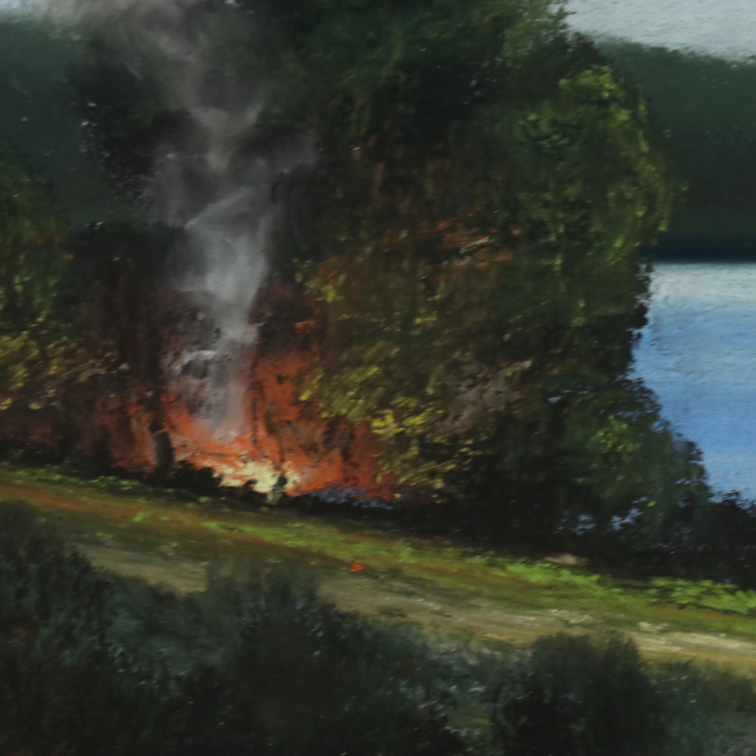 Andrew Gunderson Oil Pastel Drawing of Nocturne Campfire by River
