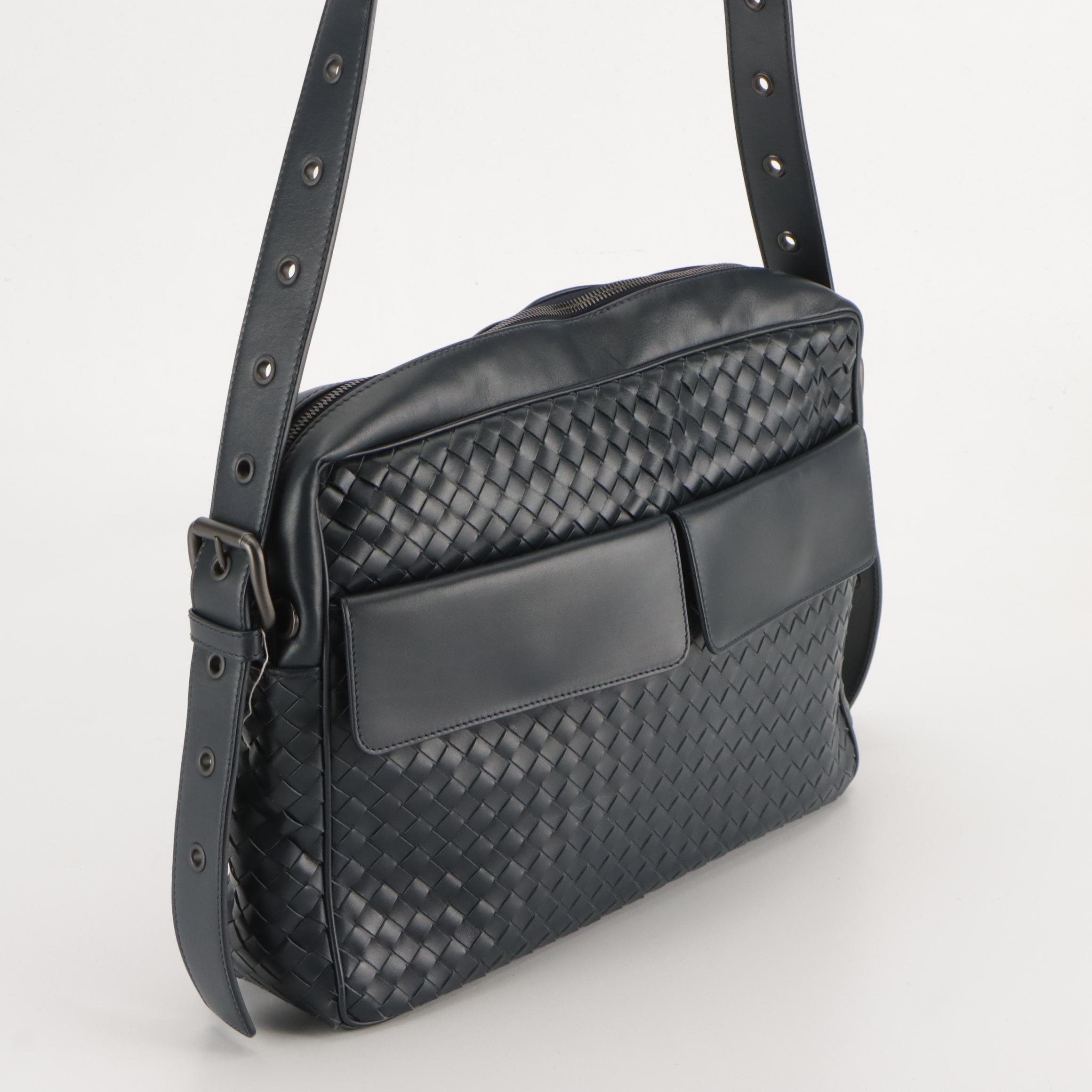 Bottega Veneta Navy Intrecciato Leather Dual Flap Pocket Large Shoulder Bag