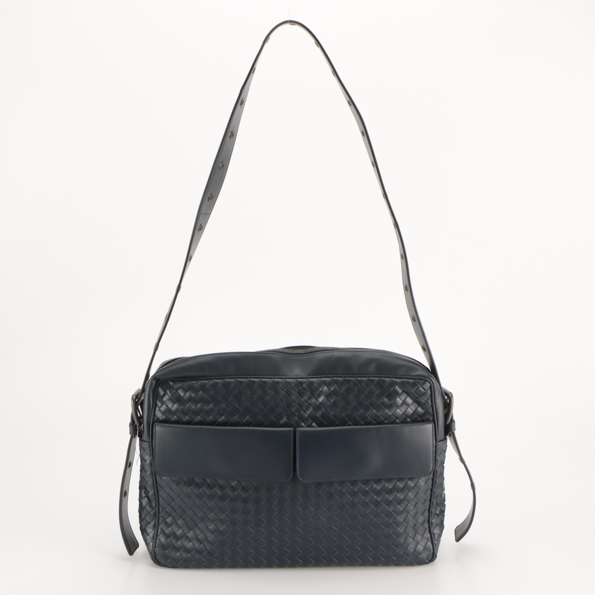 Bottega Veneta Navy Intrecciato Leather Dual Flap Pocket Large Shoulder Bag