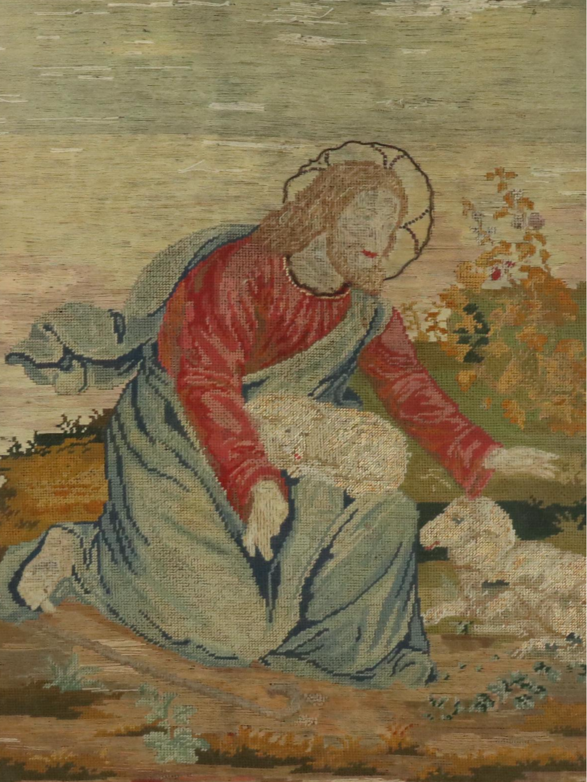 Victorian Needlework Tapestry of Jesus as Shepherd