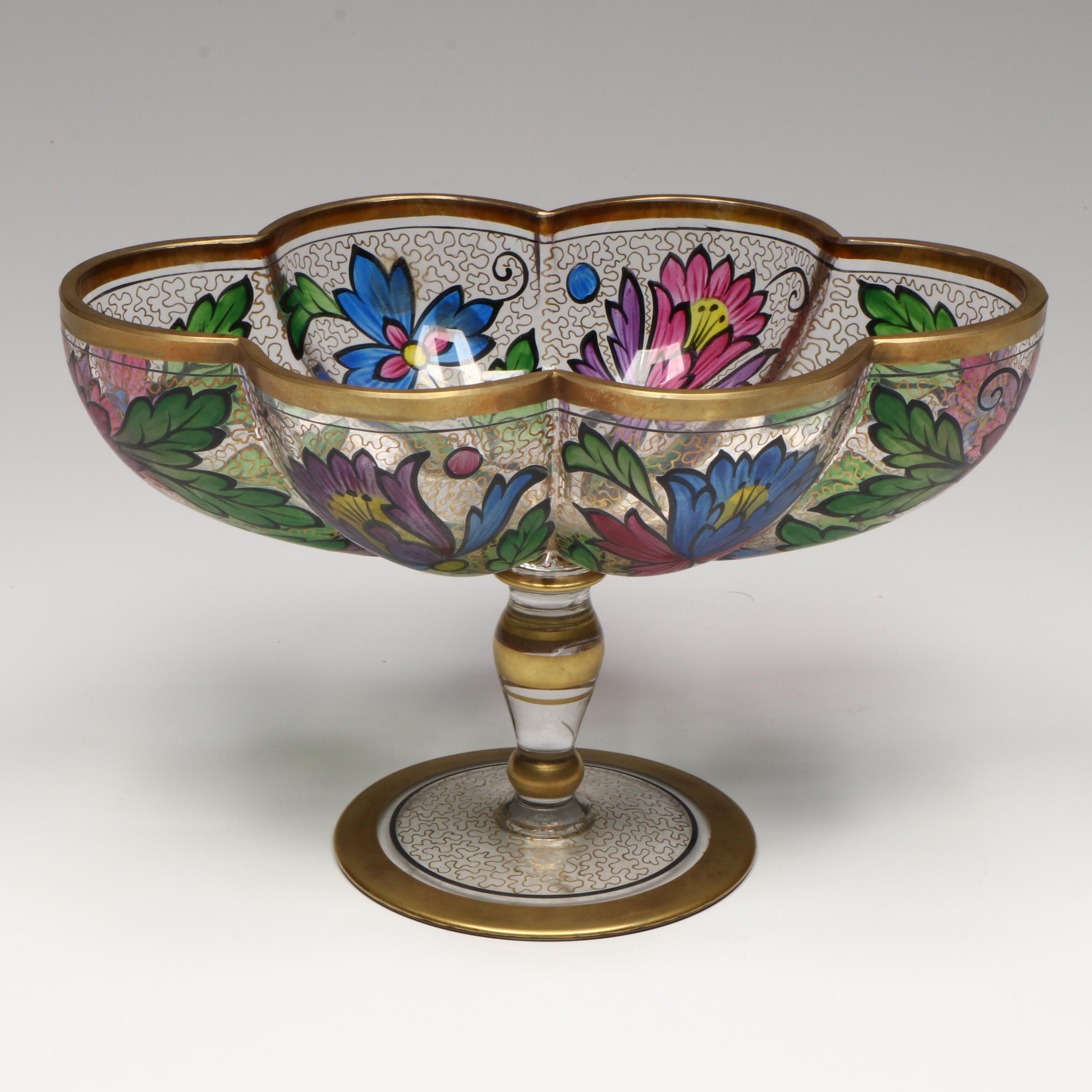 Bohemian Style Hand-Painted Enamel Lobed Footed Bowl, 20th Century