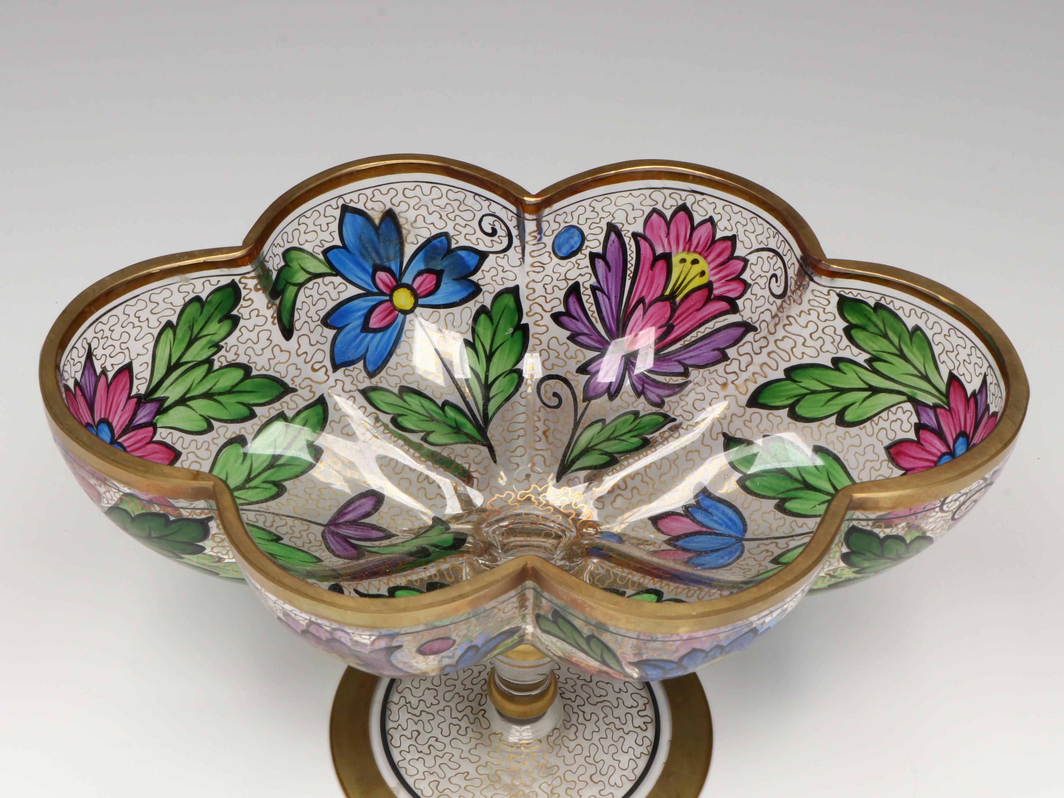 Bohemian Style Hand-Painted Enamel Lobed Footed Bowl, 20th Century