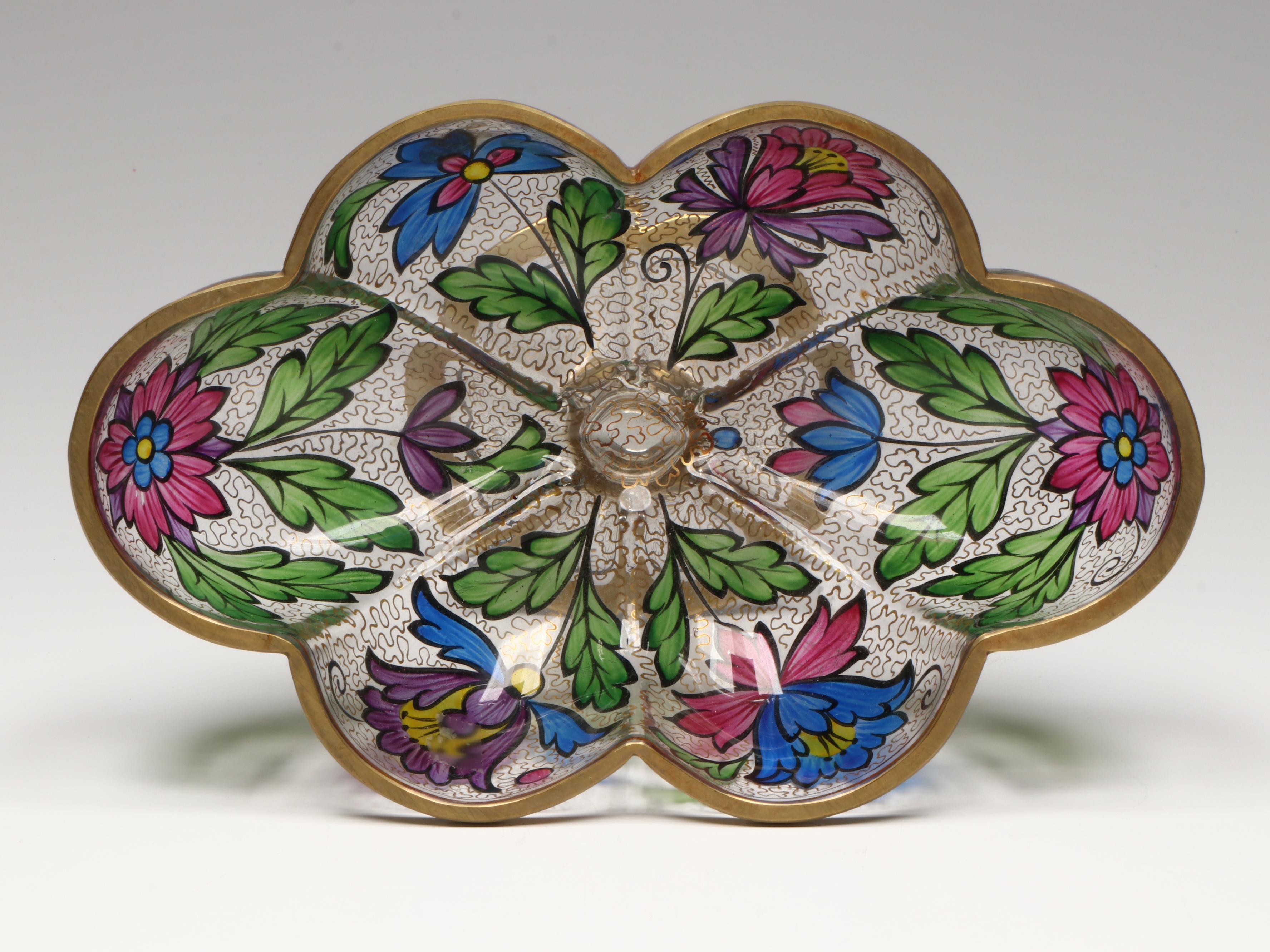Bohemian Style Hand-Painted Enamel Lobed Footed Bowl, 20th Century