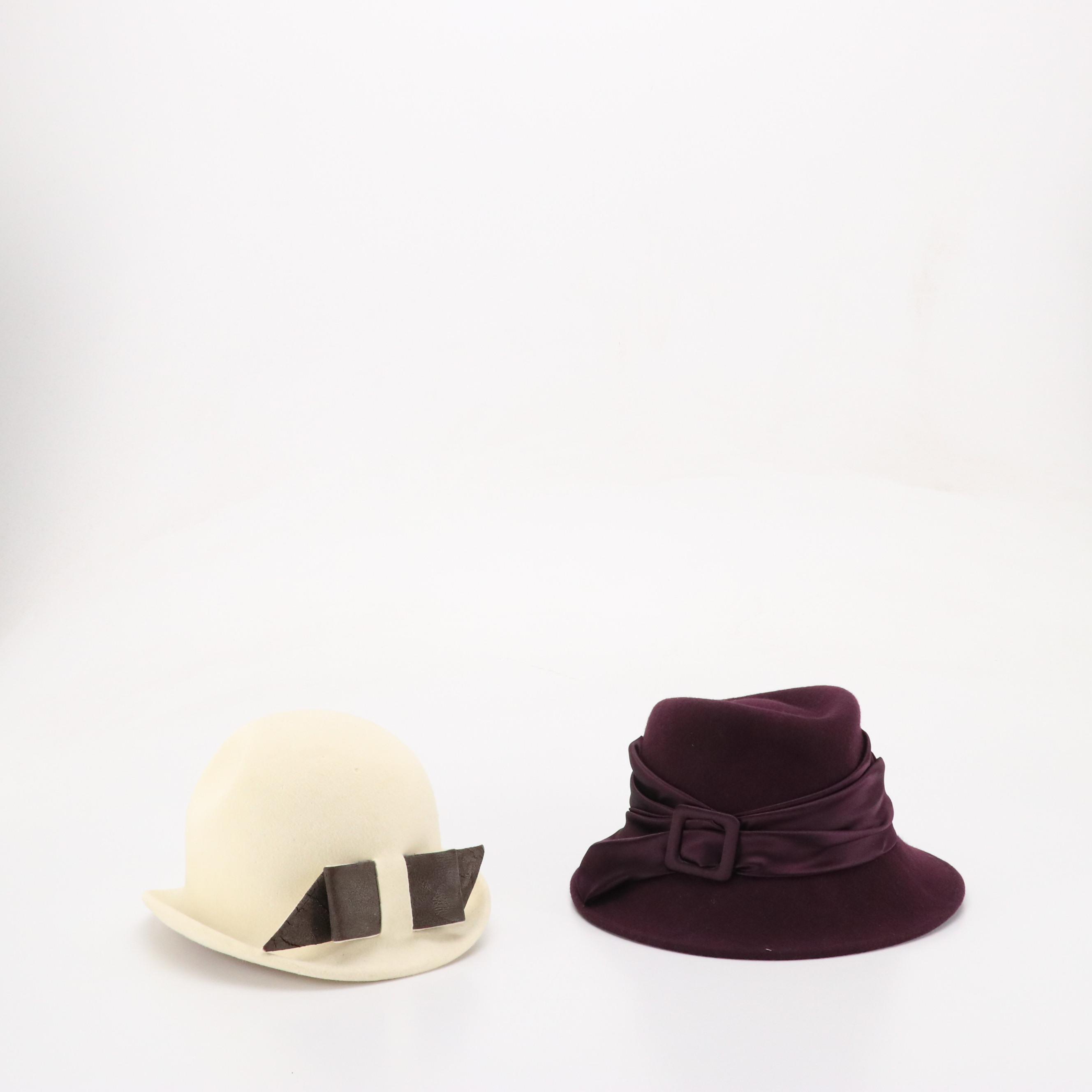 Frank Olive White Helmet Cloche and Betmar Purple Fedora with Hat Box