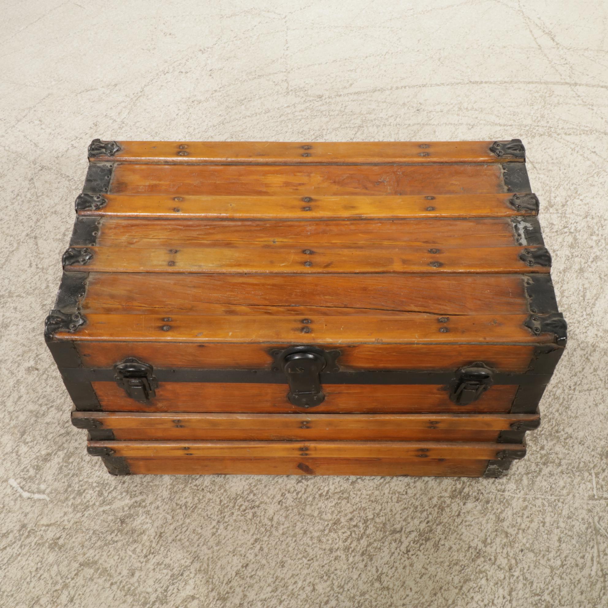 Flat Top Wood Steamer Trunk with Metal Trim, Early 20th Century