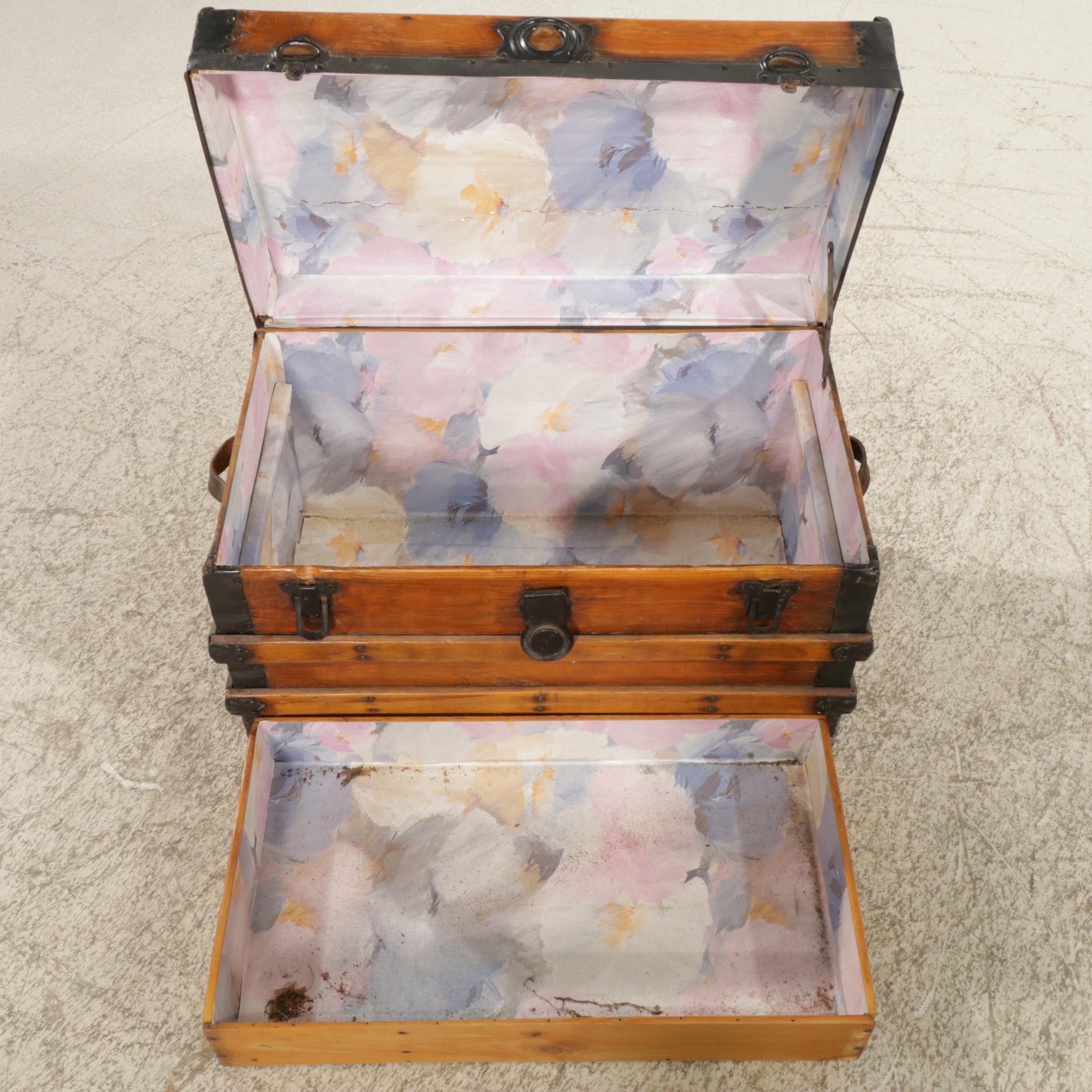 Flat Top Wood Steamer Trunk with Metal Trim, Early 20th Century