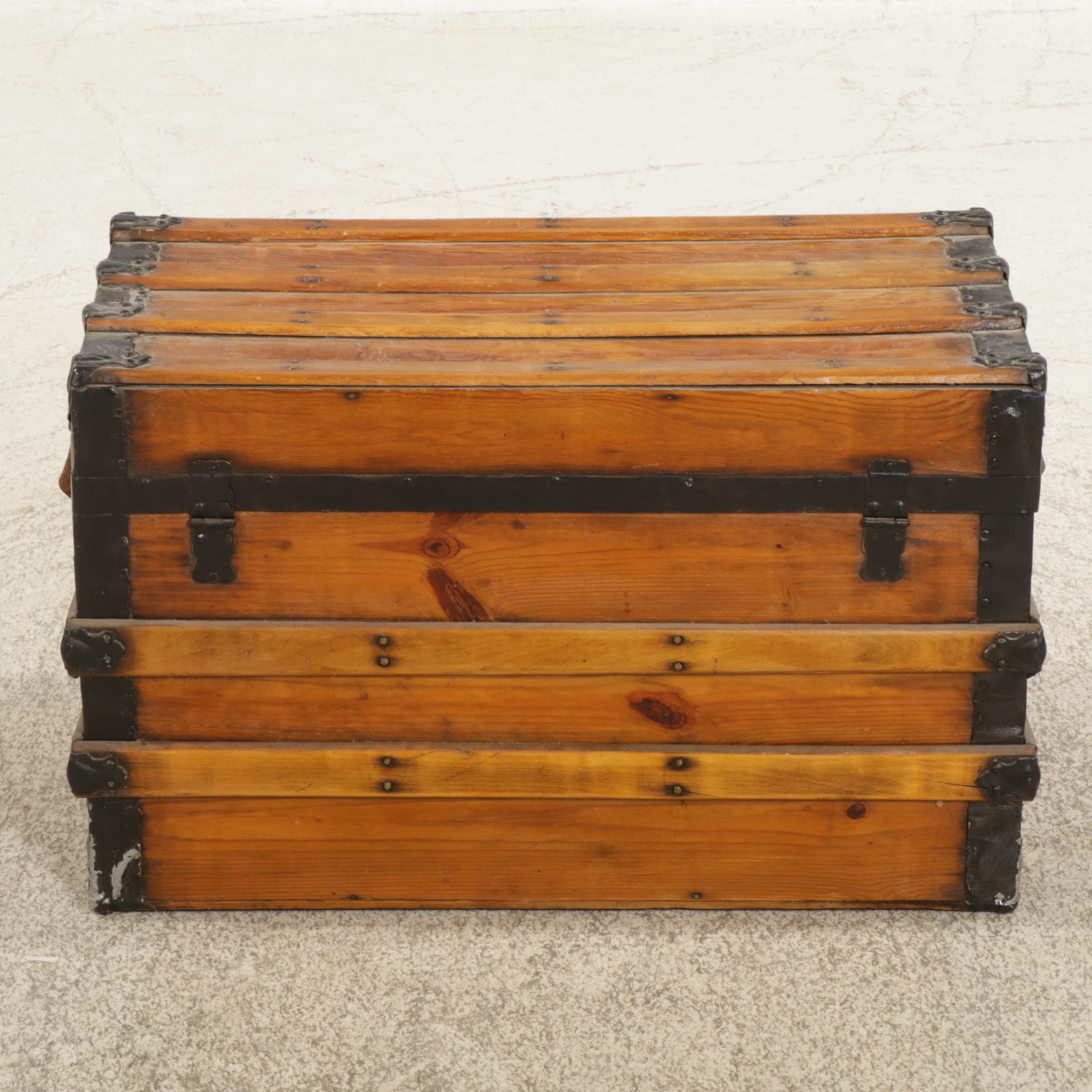 Flat Top Wood Steamer Trunk with Metal Trim, Early 20th Century