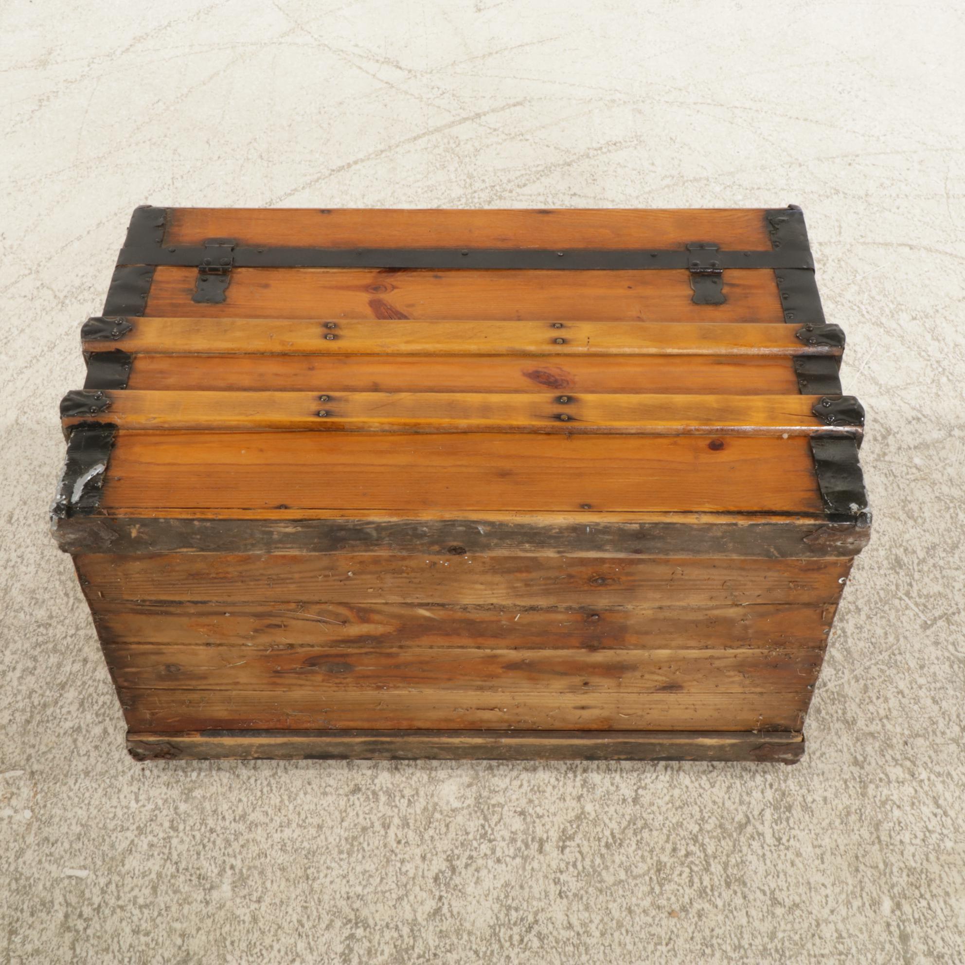 Flat Top Wood Steamer Trunk with Metal Trim, Early 20th Century